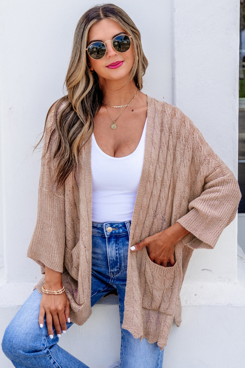Pink Hollowed Pattern Knit Drop Shoulder Open Sweater Cardigan