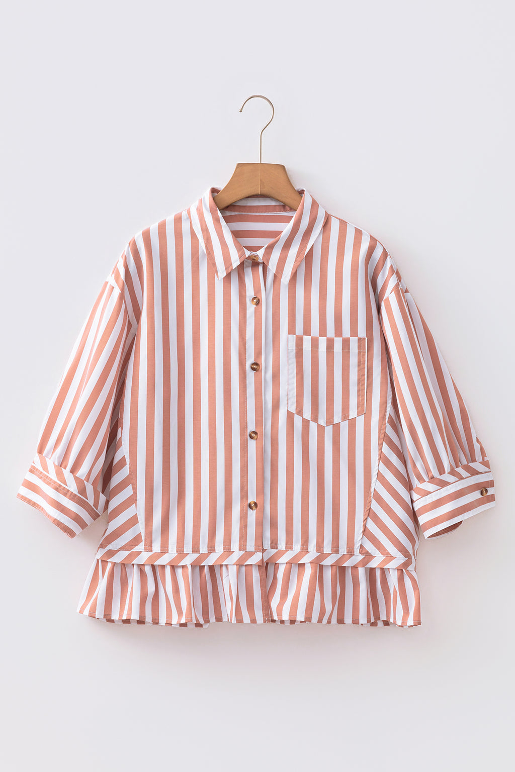 Khaki Stripe Button Front Ruffle Hem Bracelet Sleeve Shirt