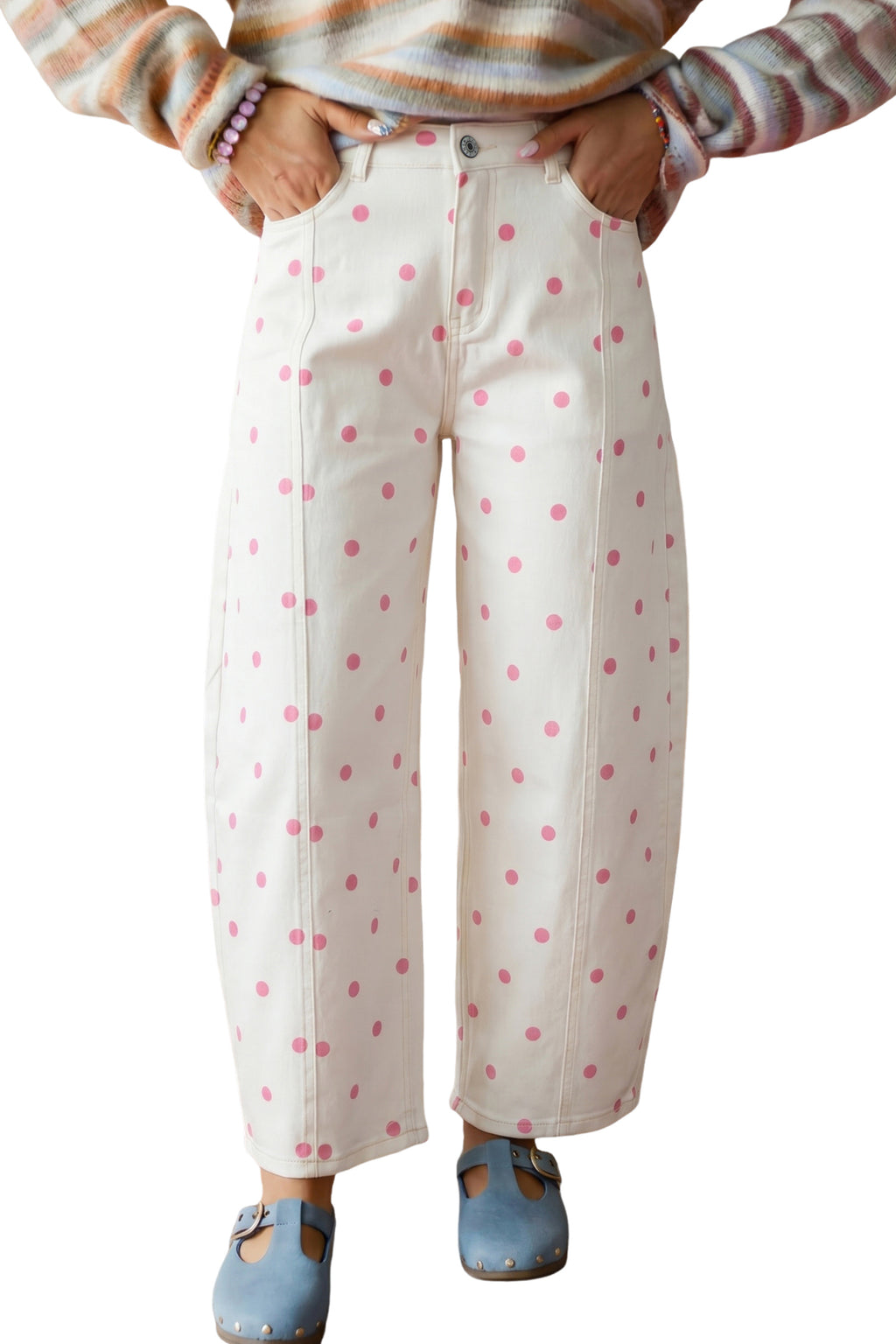 Blue Polka Dot Print Seam Detail Barrel Jeans
