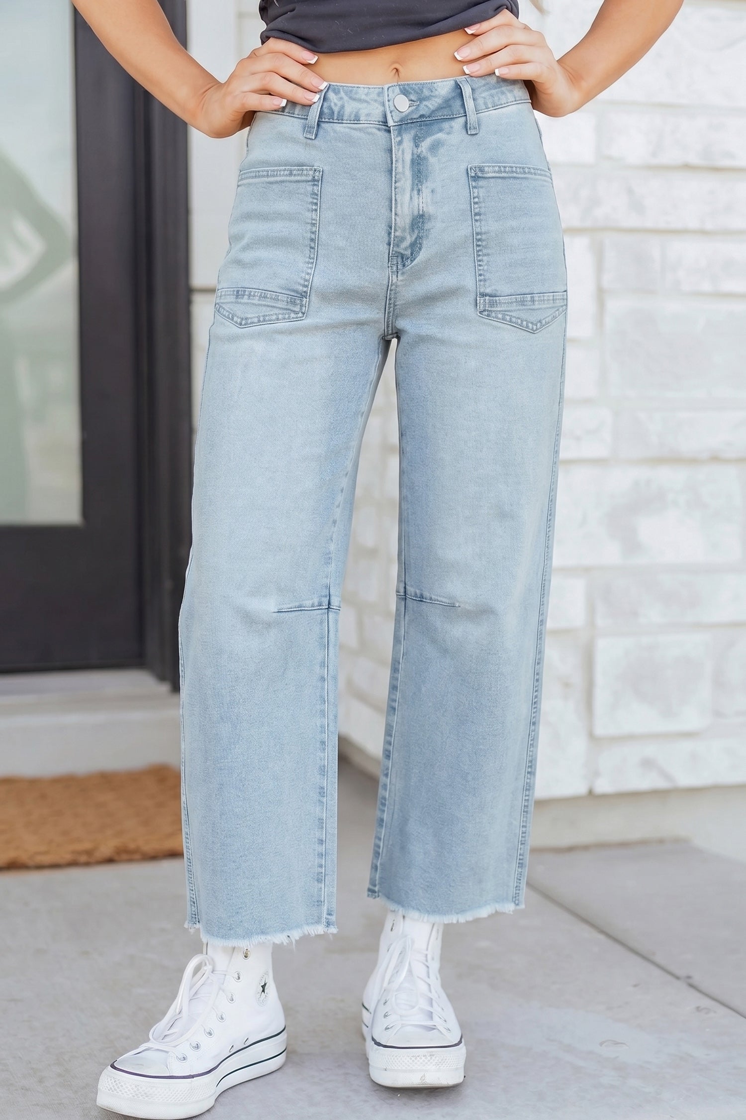 Black Frayed Cropped Straight Jeans