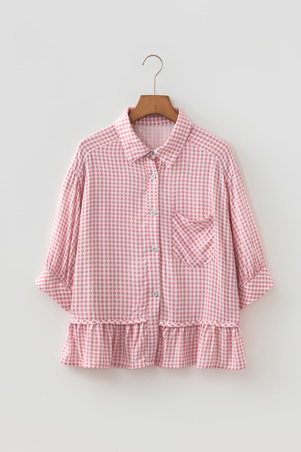 Pink Plaid Half Sleeve Ruffle Hem Button Down Shirt