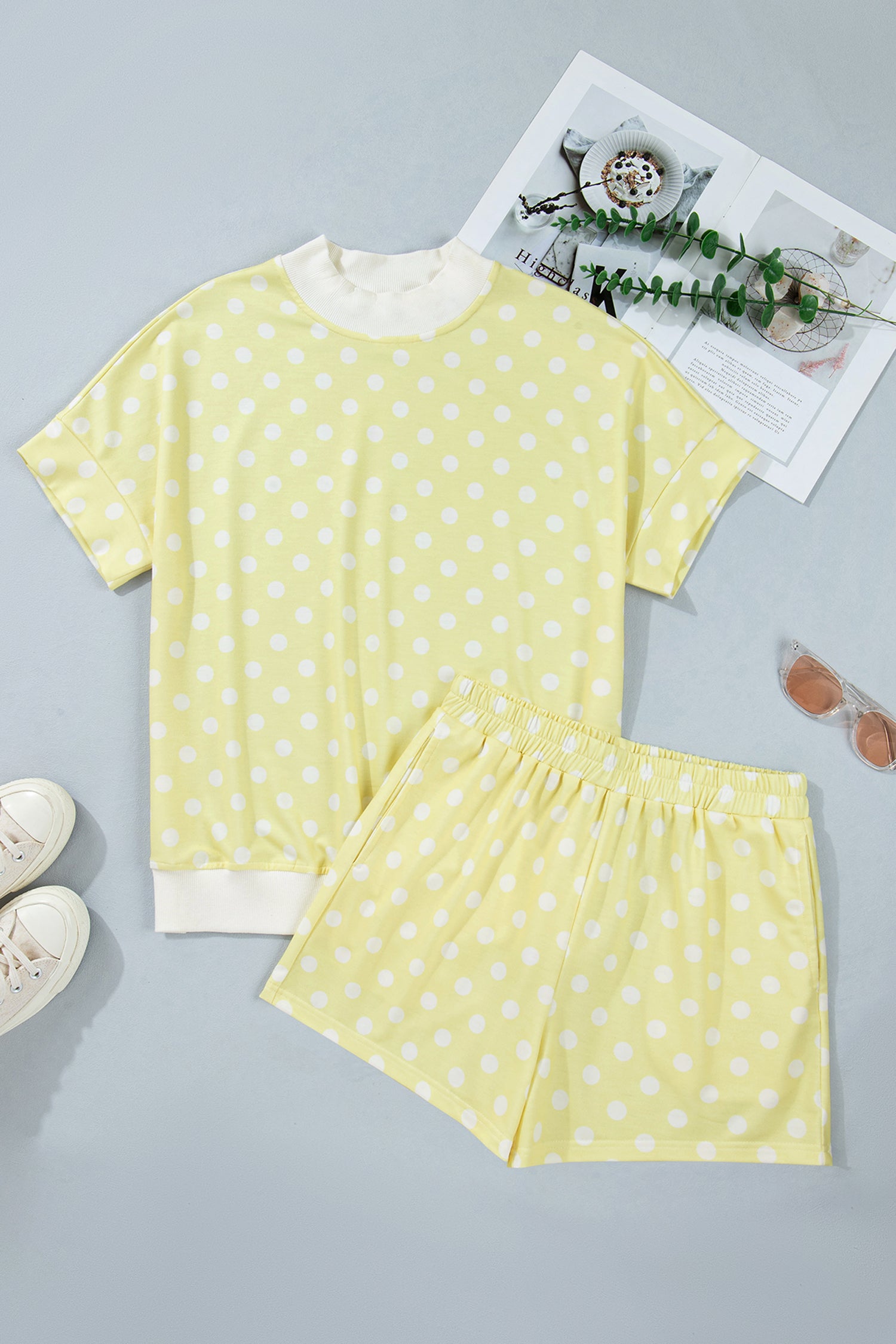Sky Blue Polka Dot Print Color Block Trim Mock Neck Short Set