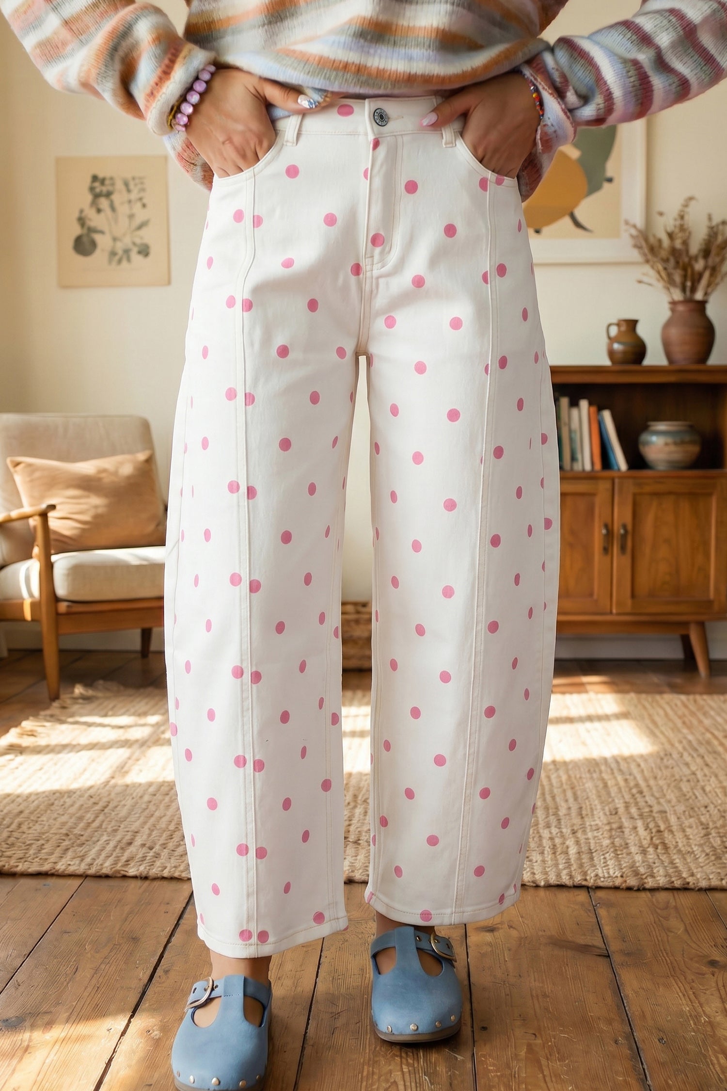 Blue Polka Dot Print Seam Detail Barrel Jeans