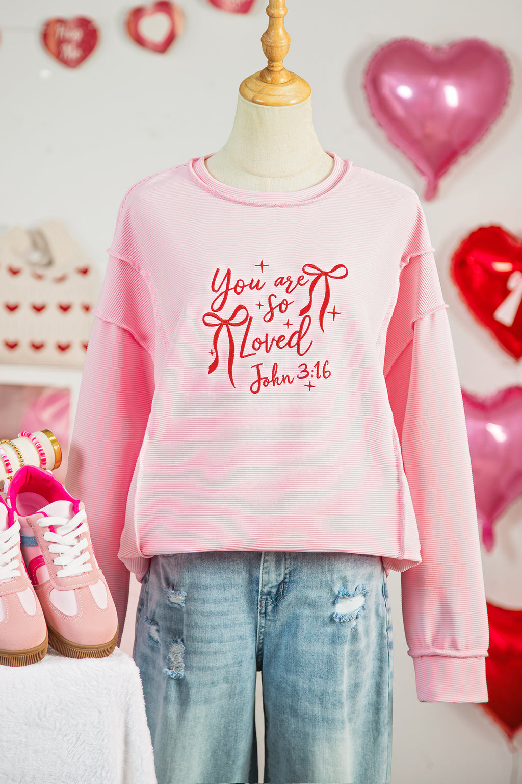 Pink you are so loved Bow Embroidered Graphic Pullover Top
