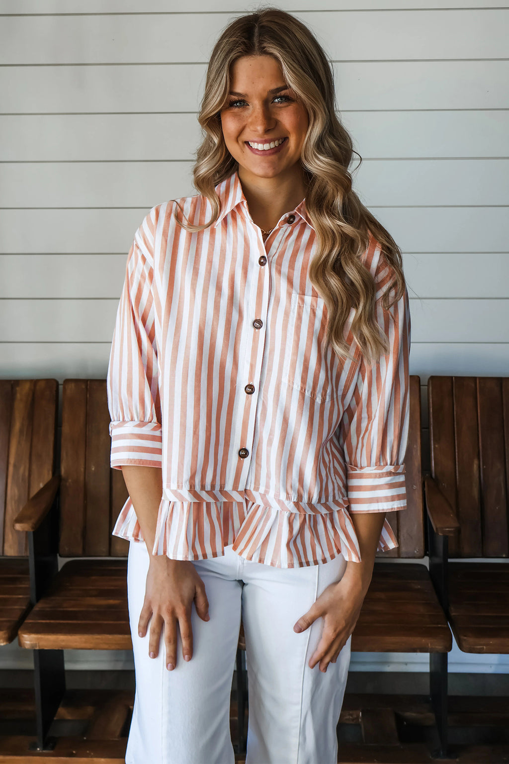 Khaki Stripe Button Front Ruffle Hem Bracelet Sleeve Shirt