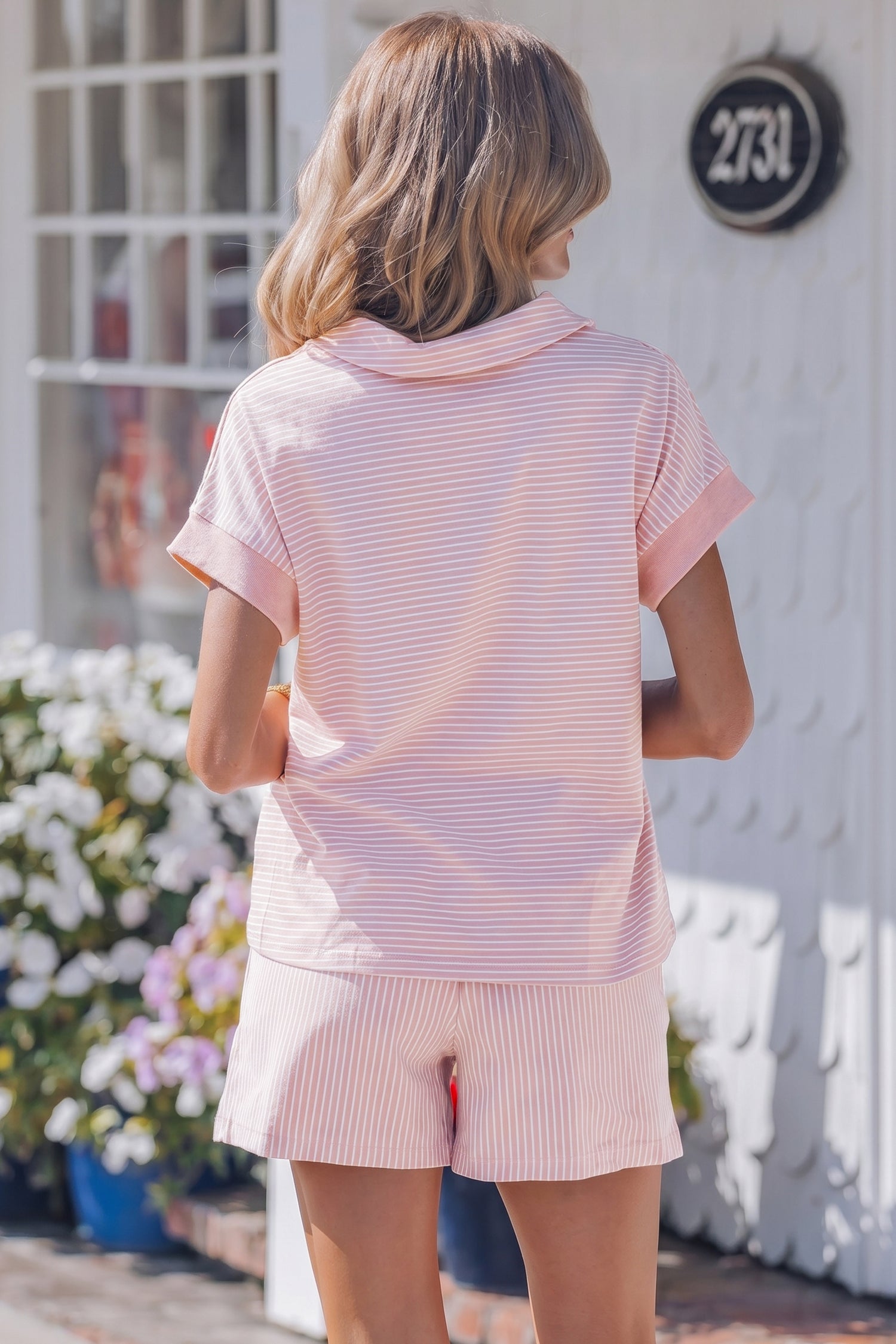 Khaki Stripe Dolman Sleeve Polo Shirt and Drawstring Shorts Set
