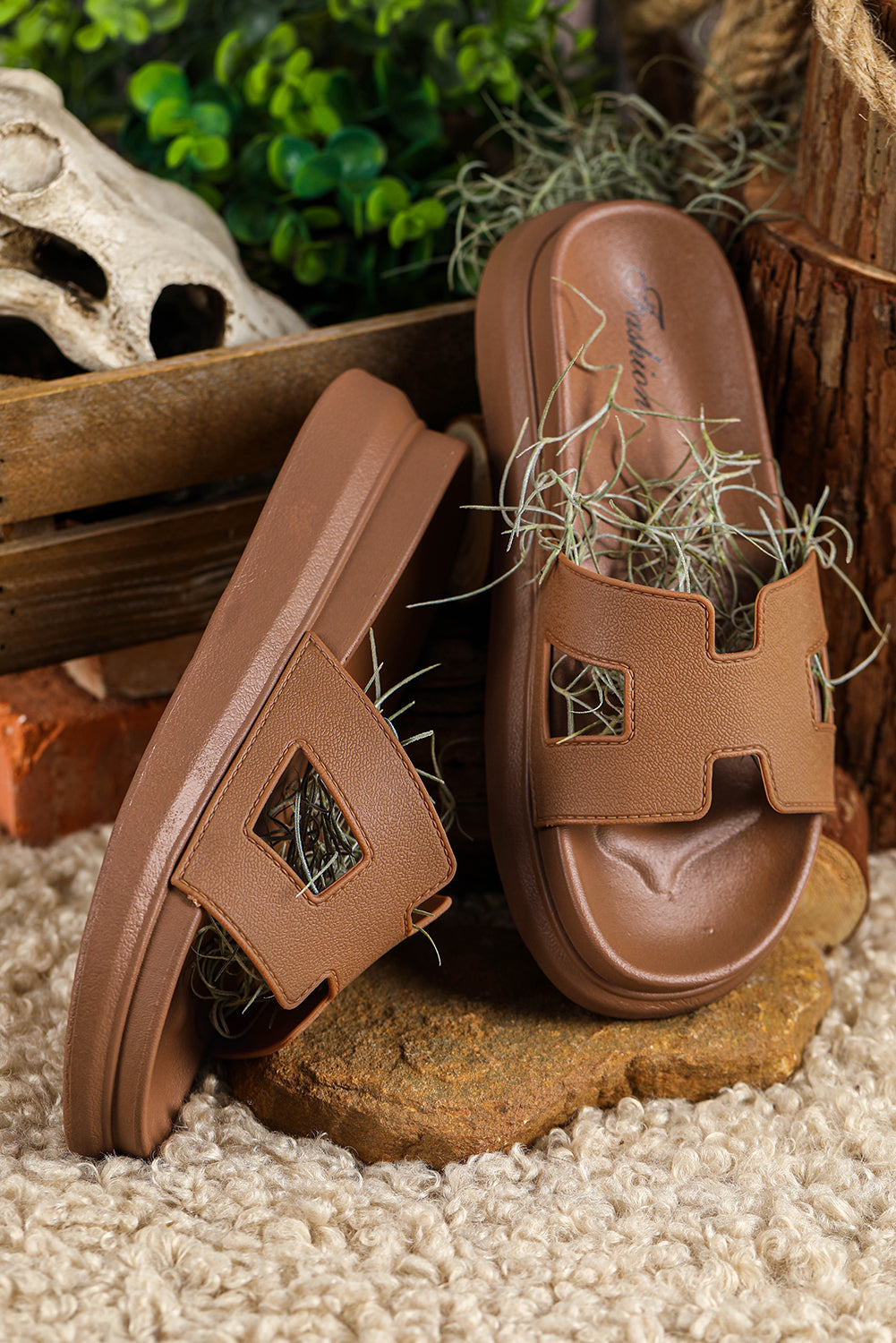 Beige Cutout Design Open Toe Platform Slippers (Run Small, Size Up)
