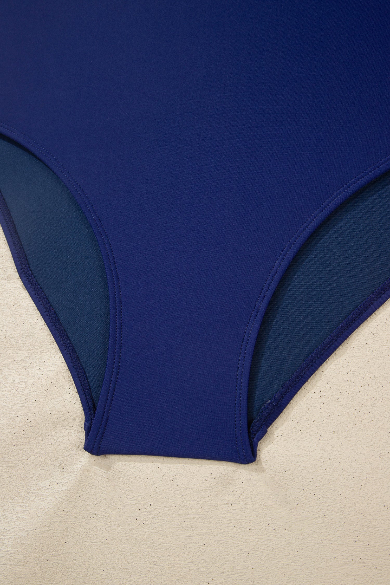 Dark Blue Shell Stitched Trim V Neck Textured Mix and Match High Waist Bikinis