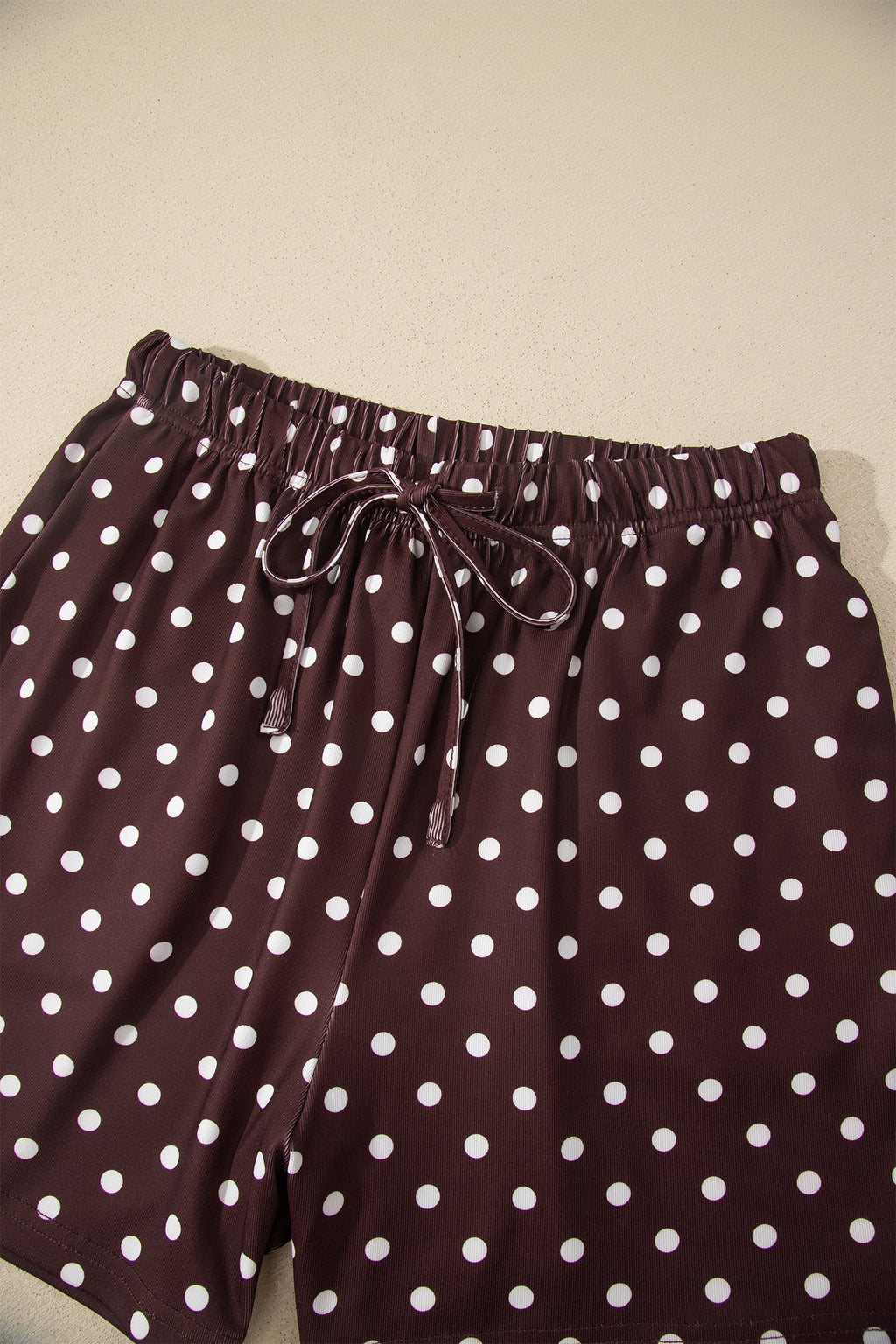 Brown Polka Dot Halter Tank Drawstring Elastic Waist Short Set