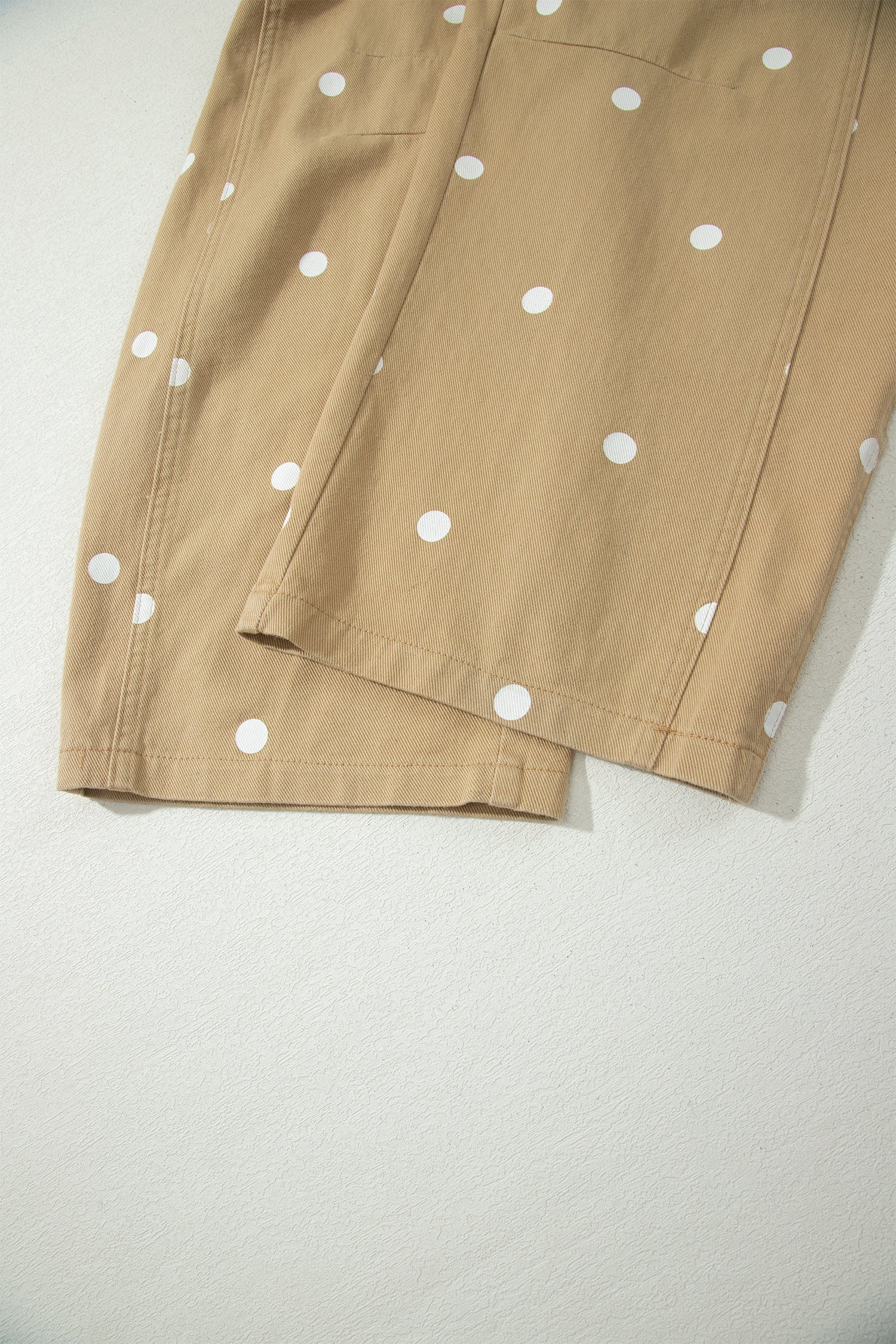 Light French Beige Polka Dot Print Bib Pocket Denim Barrel Overalls Jumpsuit