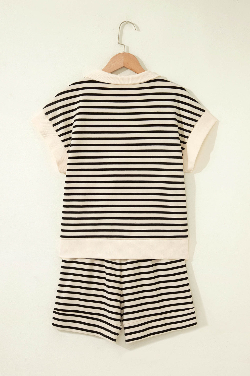 Black Stripe Ribbed Color Block Trim Zip Polo Tee Drawstring Shorts 2pcs Outfit