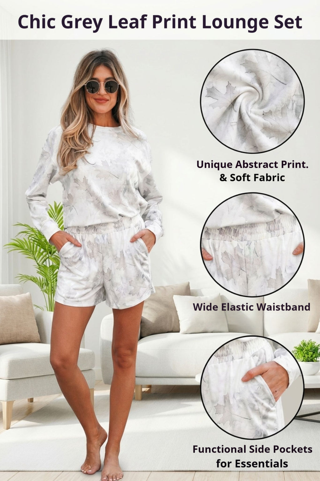 Beige Maple Camo Print Pullover Top and Elastic Waist Casual Short Set