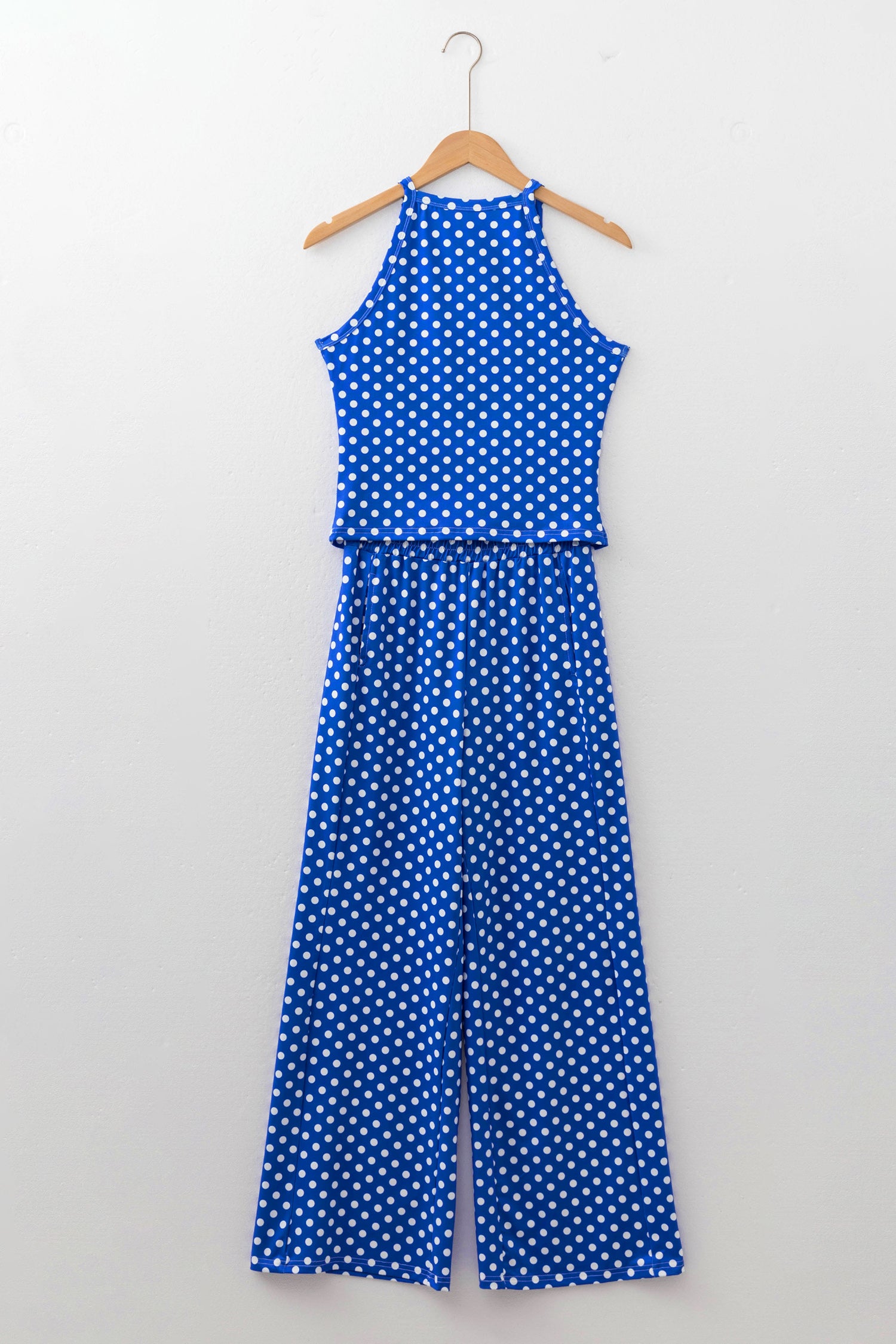 Blue Polka Dot Print Slim Tank Loose Pants 2pcs Outfit