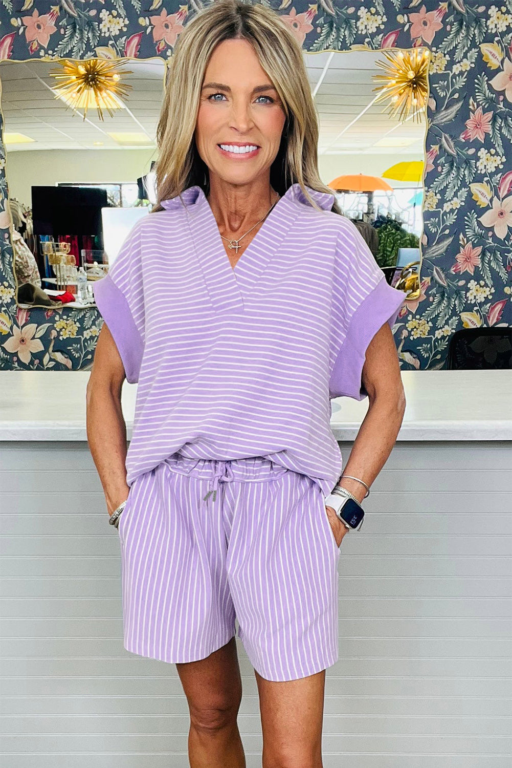 Khaki Stripe Dolman Sleeve Polo Shirt and Drawstring Shorts Set