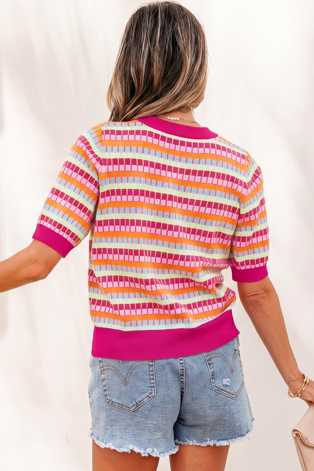 Orange Abstract Striped Knit Short Sleeve Sweater