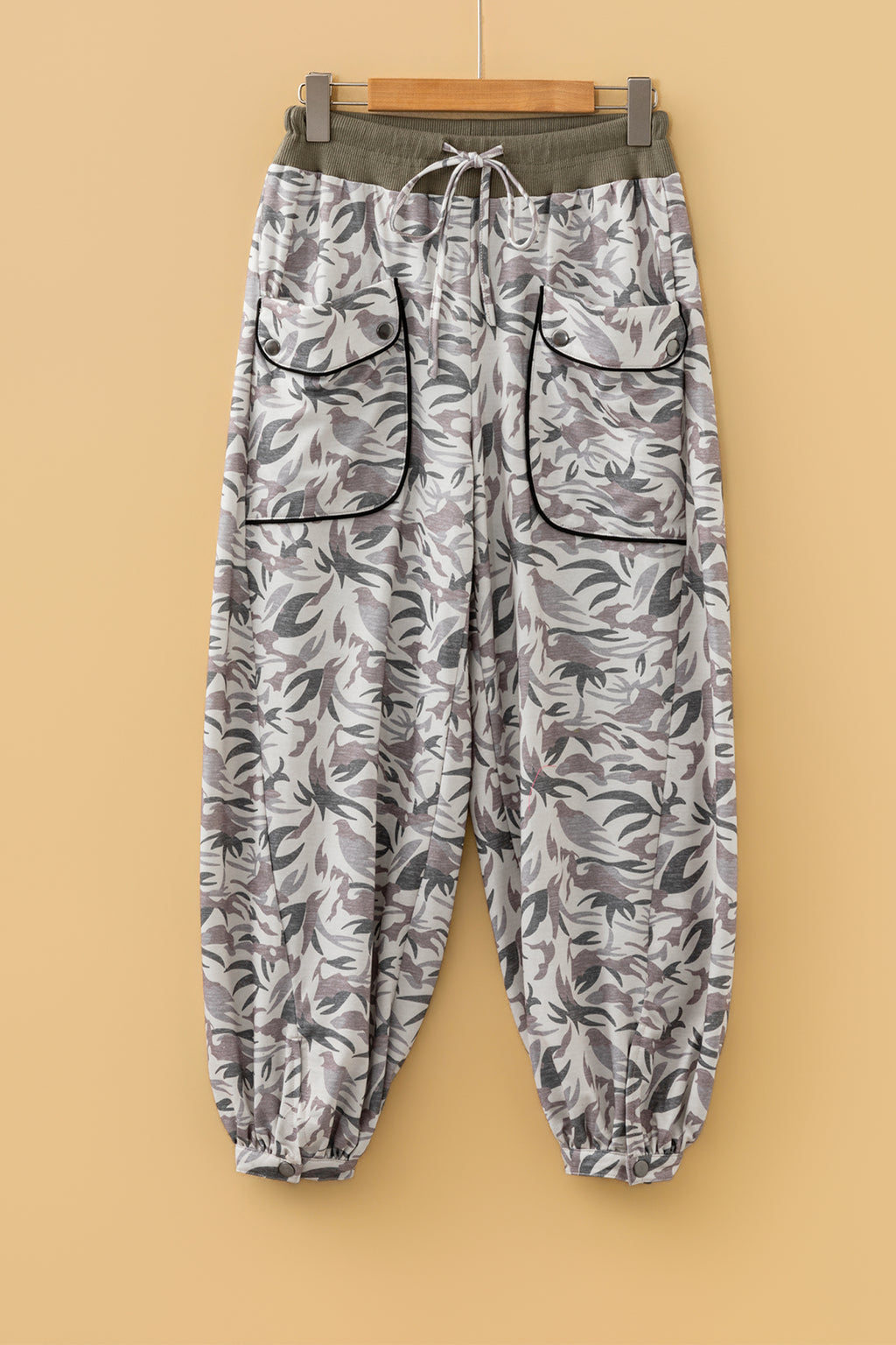 Khaki Drawstring Contrast Waistband Camouflage Cargo Barrel Pants