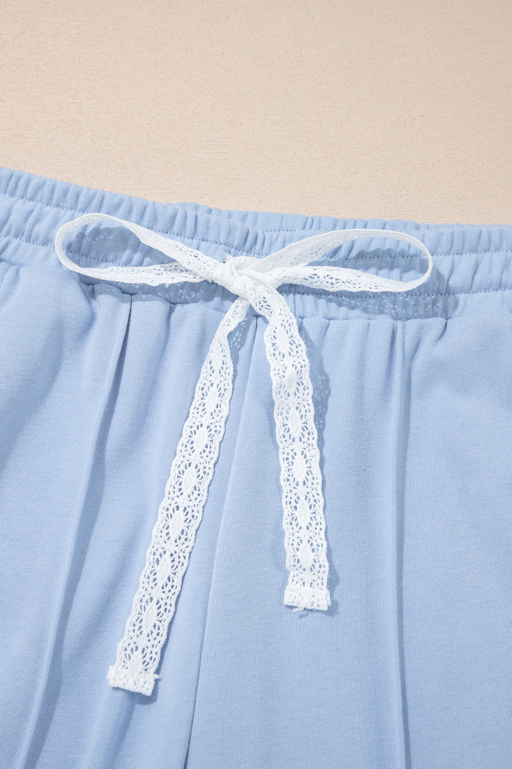 Sky Blue Lace Accent Zipped Collar Short Sleeve Top Sweatpants Set