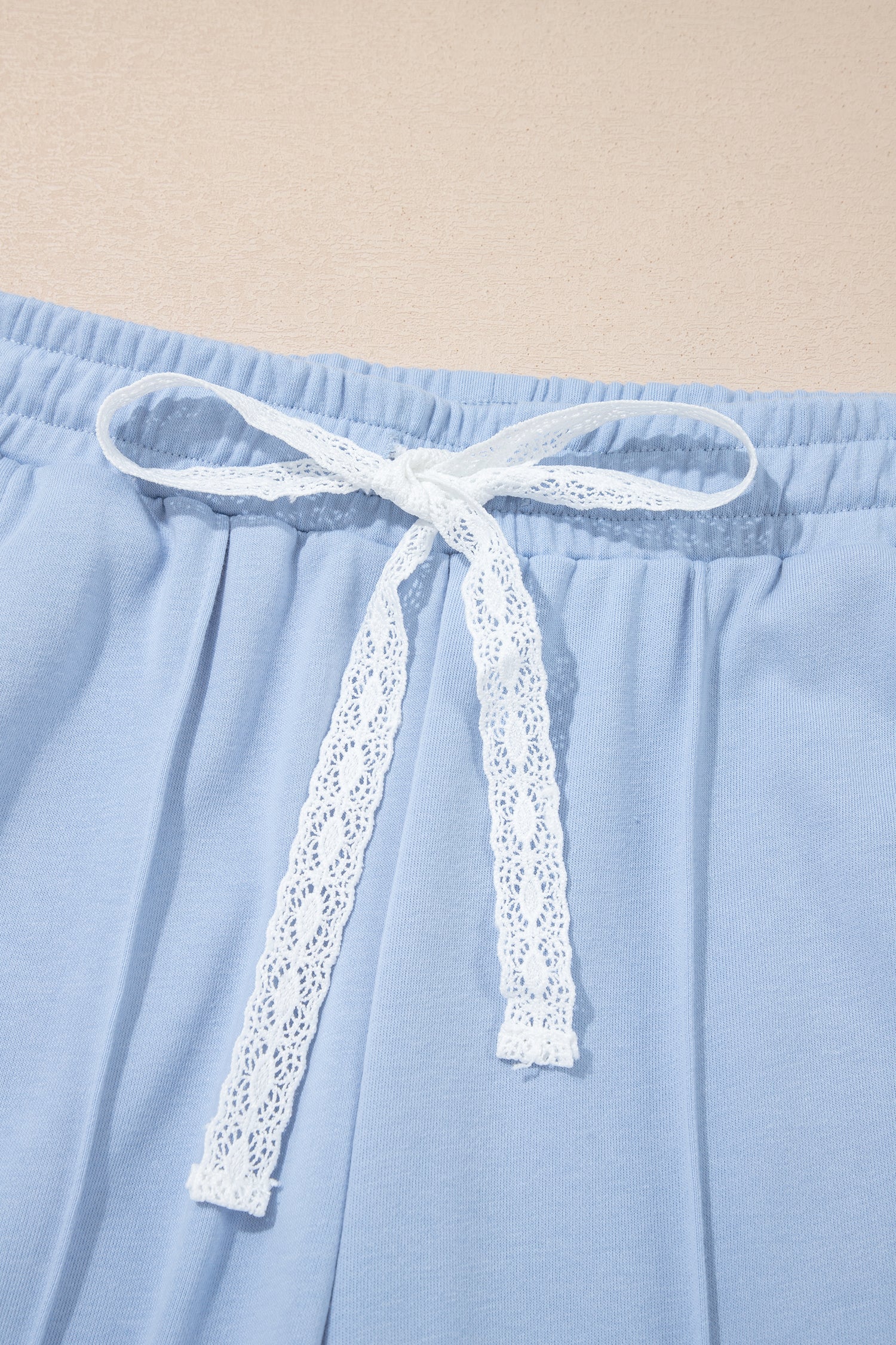 Sky Blue Lace Accent Zipped Collar Short Sleeve Top Sweatpants Set