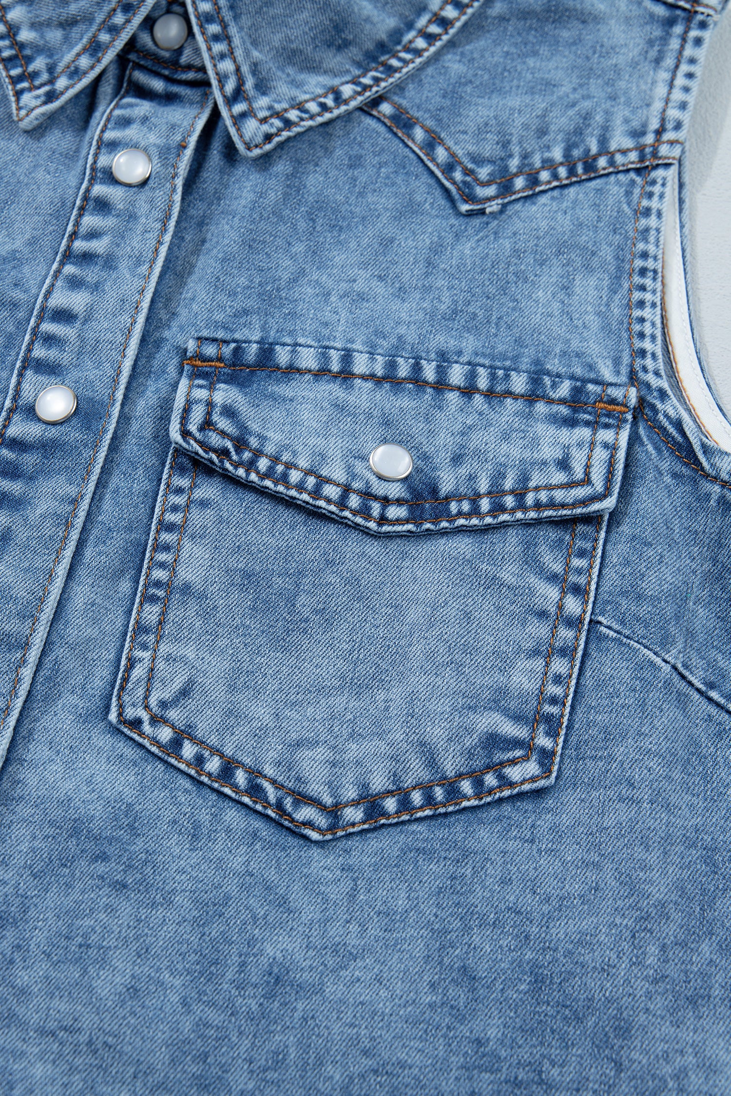 Dusk Blue Buttoned Front Collared Denim Sleeveless Top