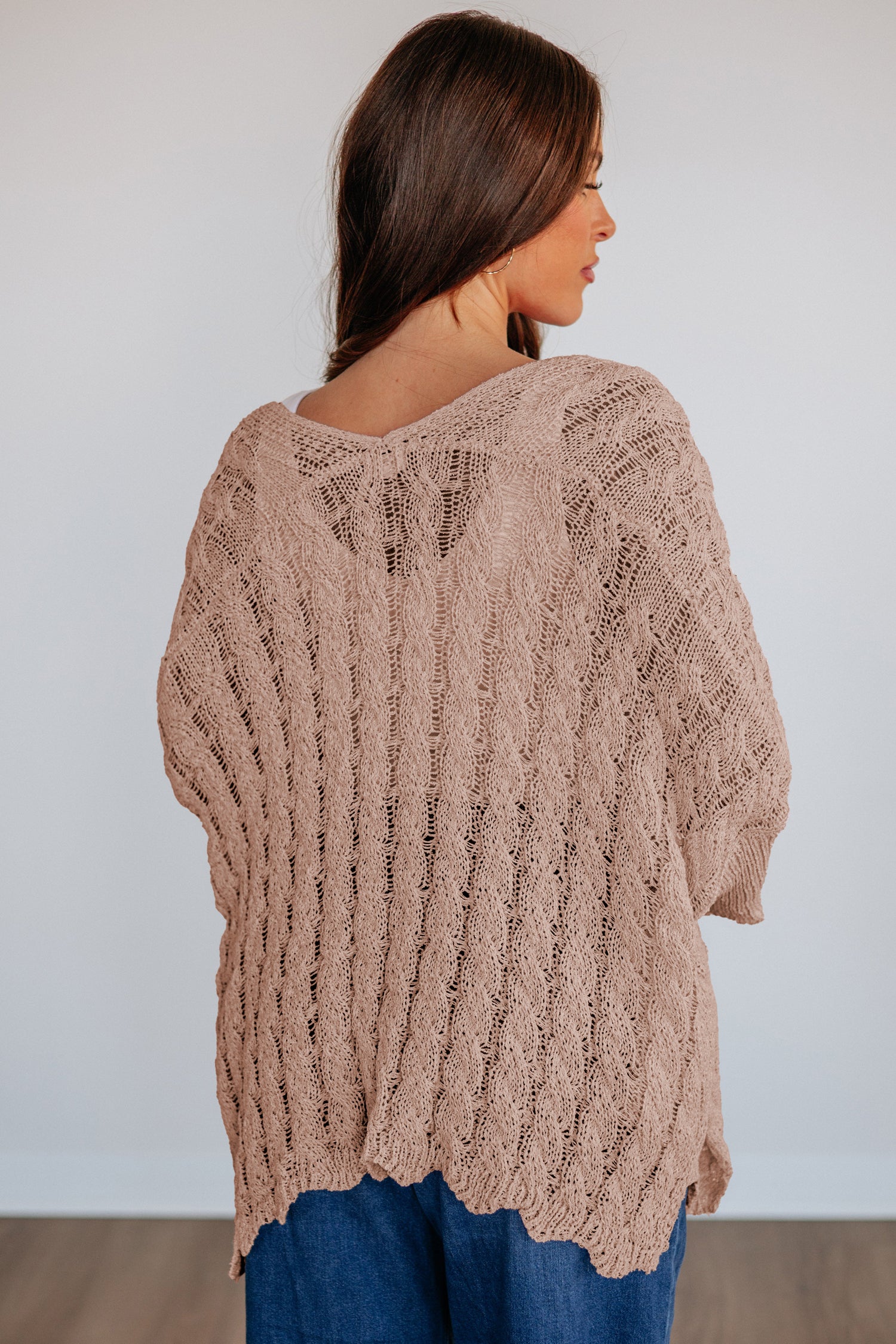 Pink Hollowed Pattern Knit Drop Shoulder Open Sweater Cardigan