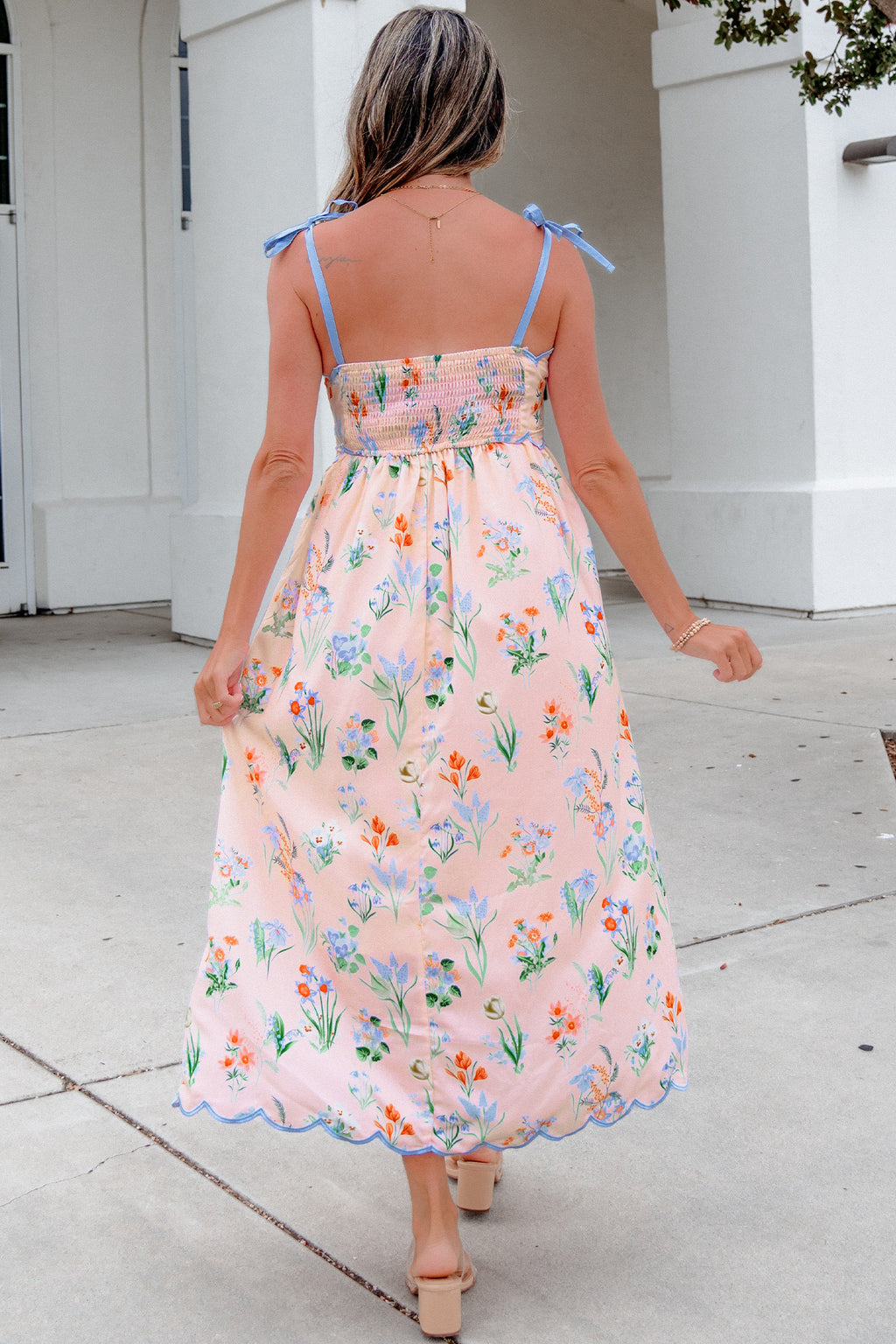 Yellow Floral Print Contrast Trim Self-tie Straps High Waist Midi Dress