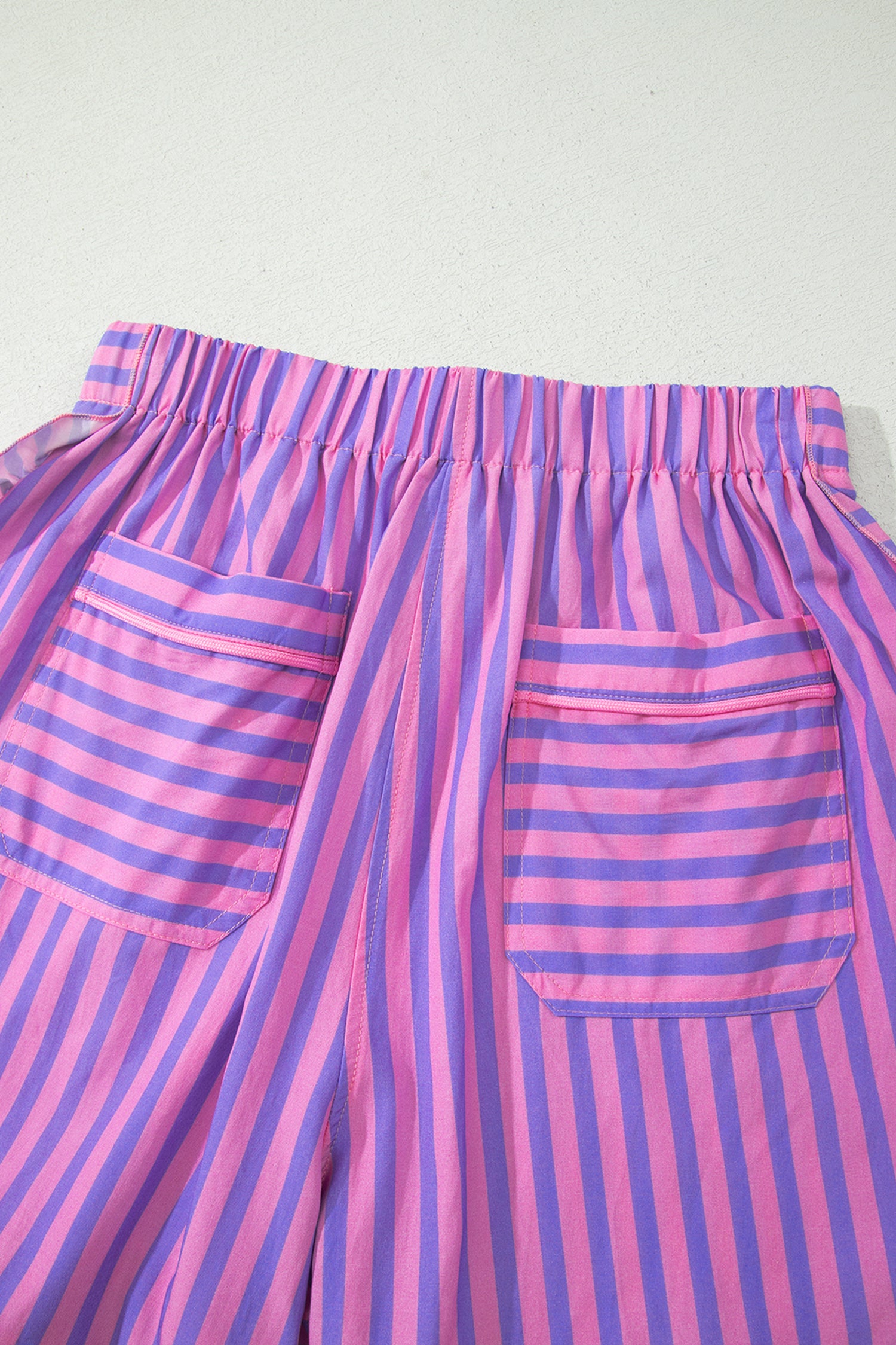 Rose Stripe Elastic Waist Ruffle Trim Casual Shorts