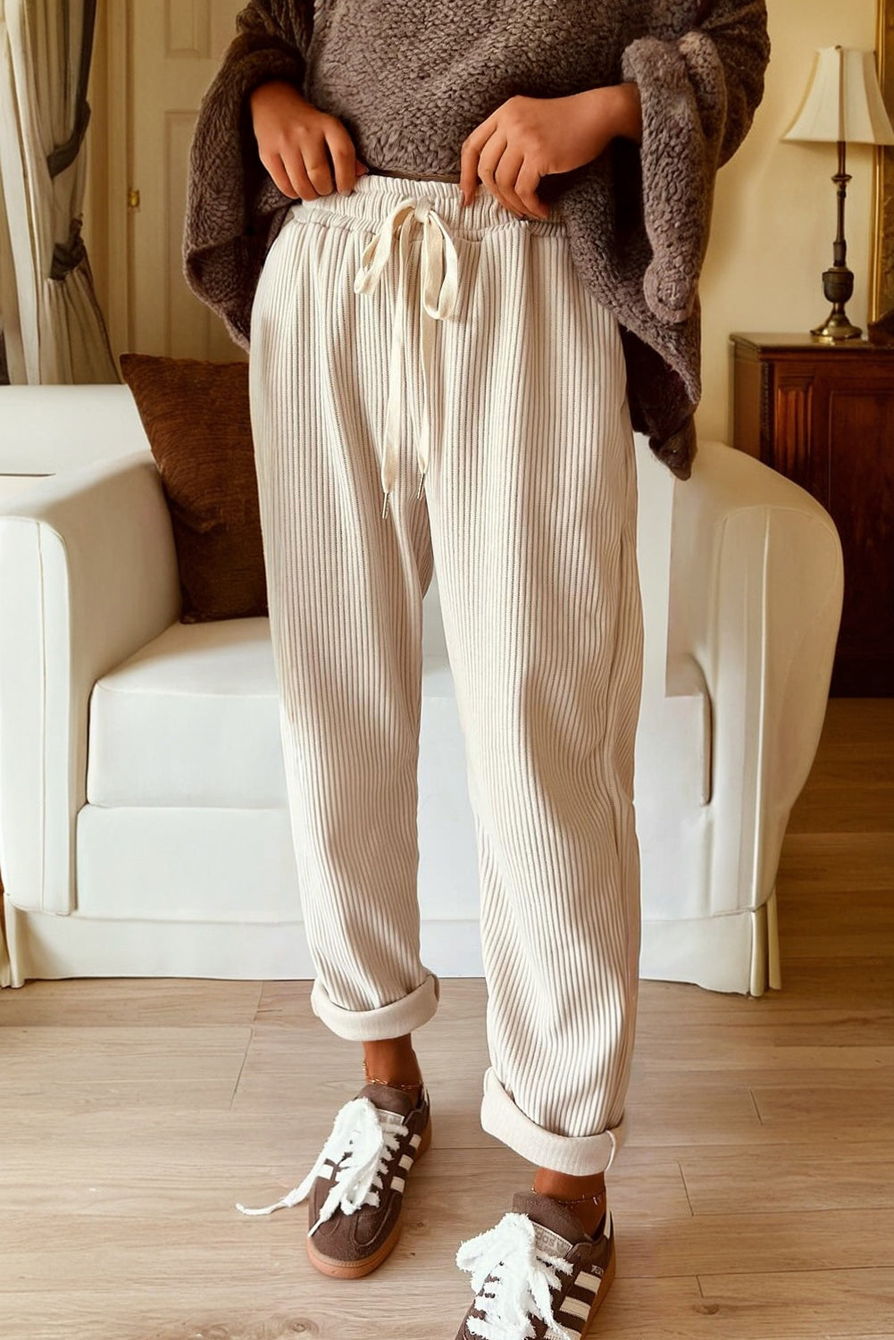 Jet Stream Drawstring Elastic Waist Casual Corduroy Pants