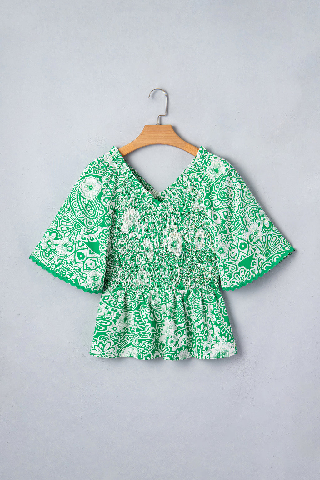 Green Flirty Floral Smocked V Neck Blouse