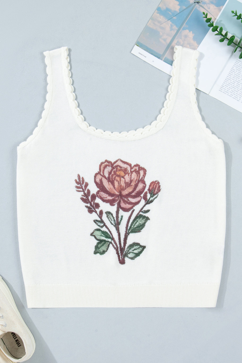 White Plus Size Floral Print Scalloped Trim Square Neck Tank