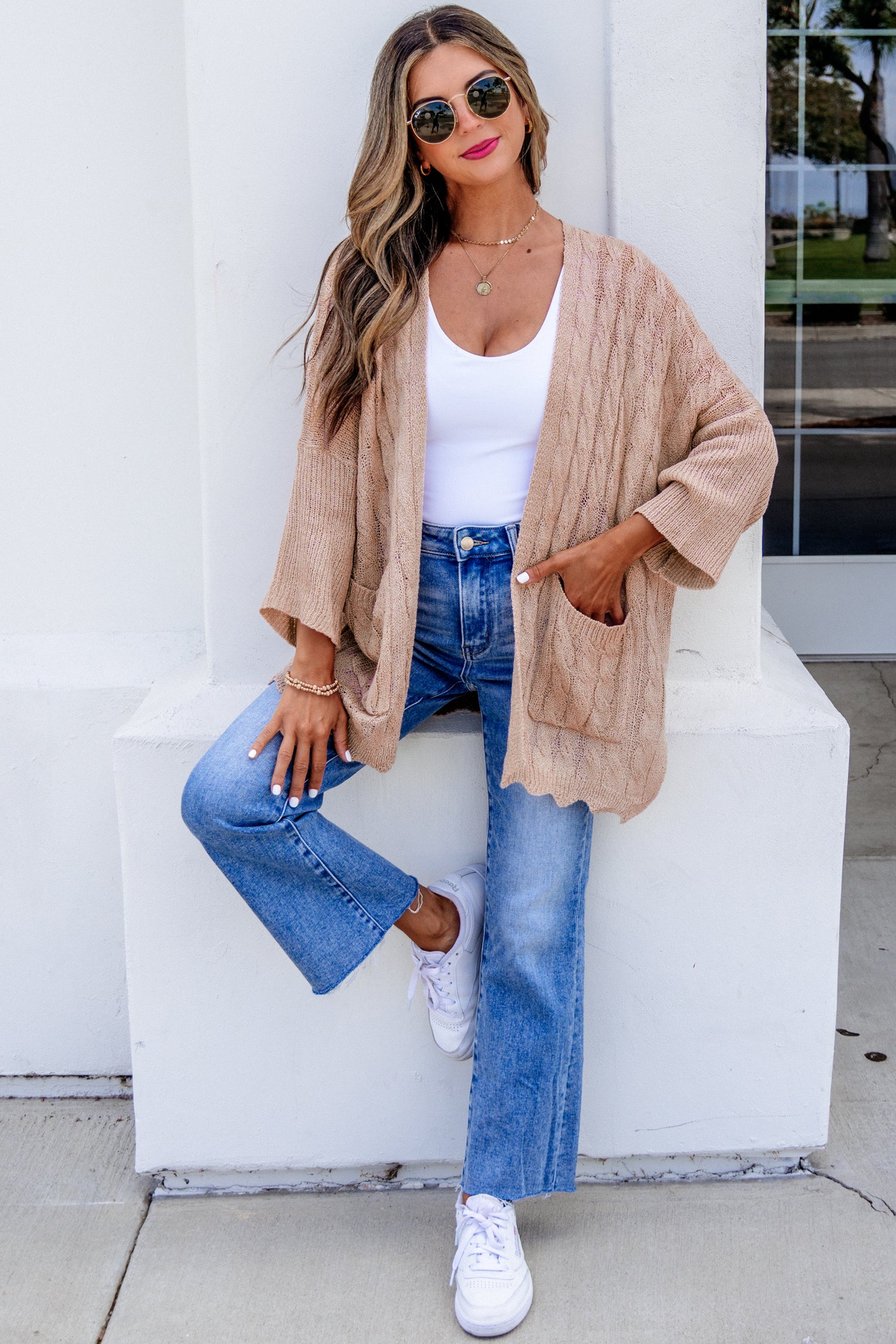 Pink Hollowed Pattern Knit Drop Shoulder Open Sweater Cardigan