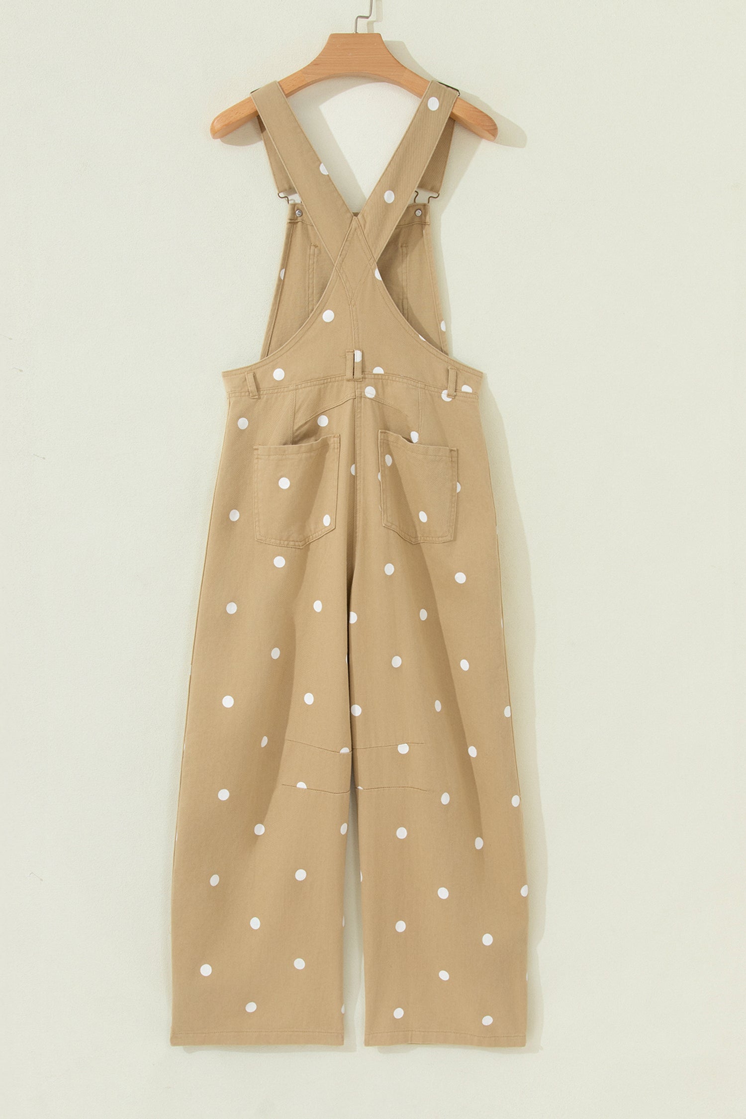 Light French Beige Polka Dot Print Bib Pocket Denim Barrel Overalls Jumpsuit