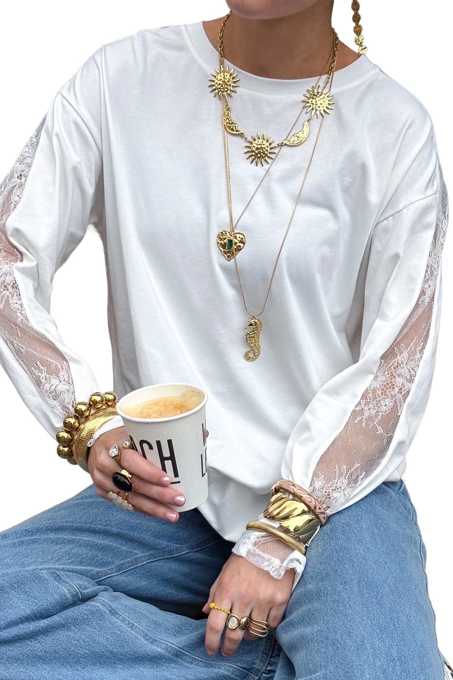 White Sheer Lace Splicing Long Sleeve Shift Top