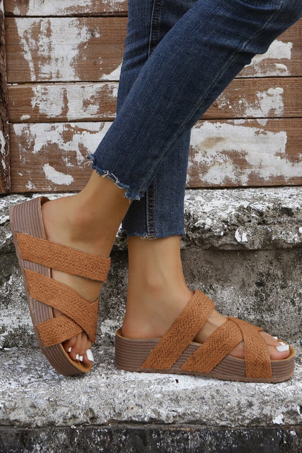 Black Woven Cross Criss Hollowed Slip-On Slippers