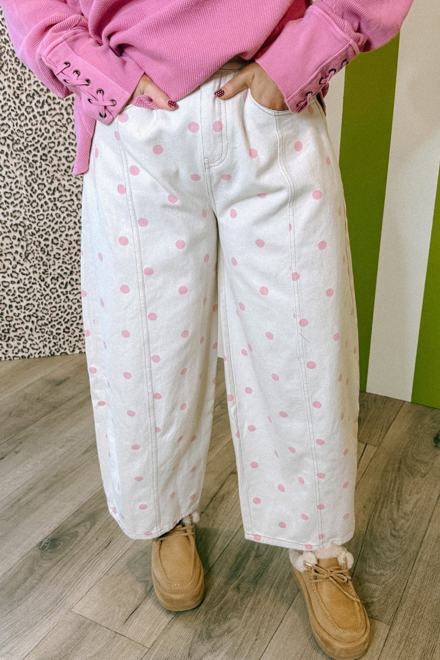 Blue Polka Dot Print Seam Detail Barrel Jeans