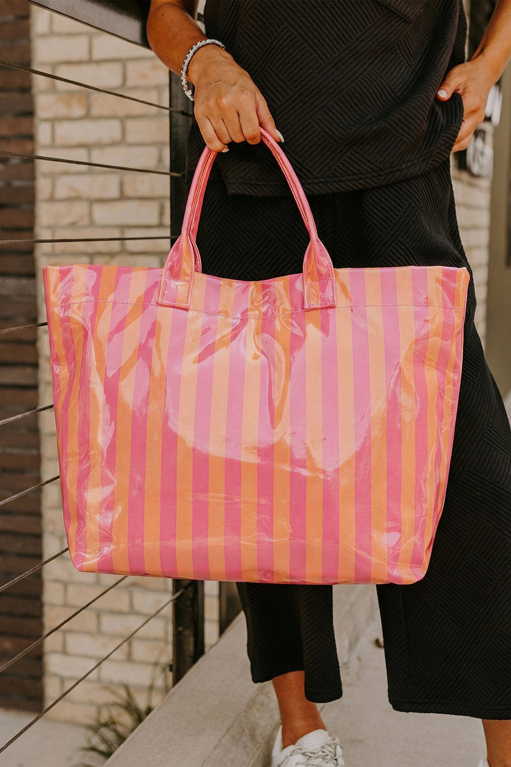Blackish Green Glossy Striped Vinyl Large Tote Bag