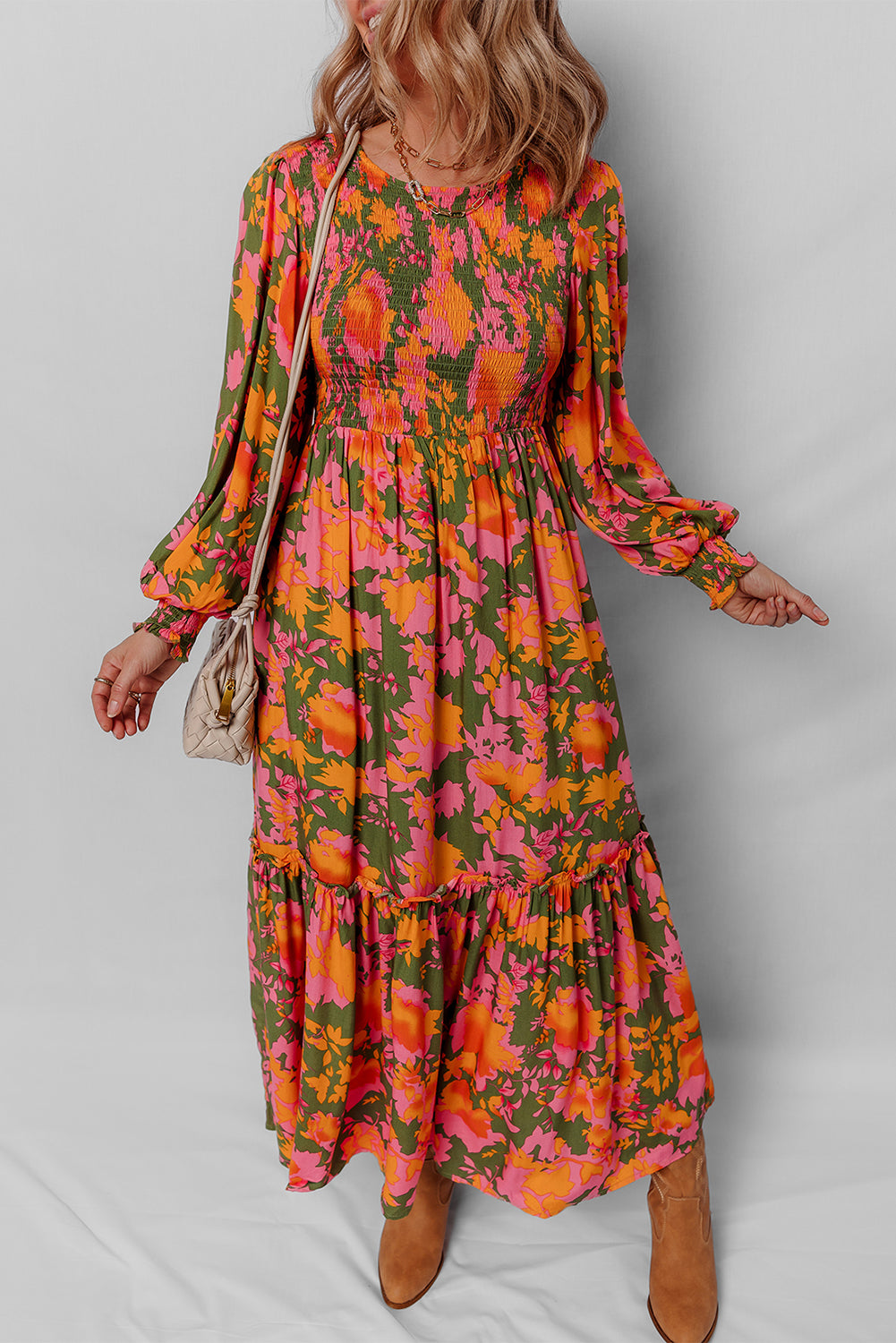 Orange Floral Puff Sleeve Smocked Bodice Ruffled Long Dress
