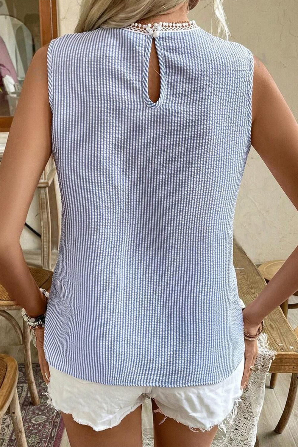 Green Stripe Lace Patchwork Crew Neck Tank Top