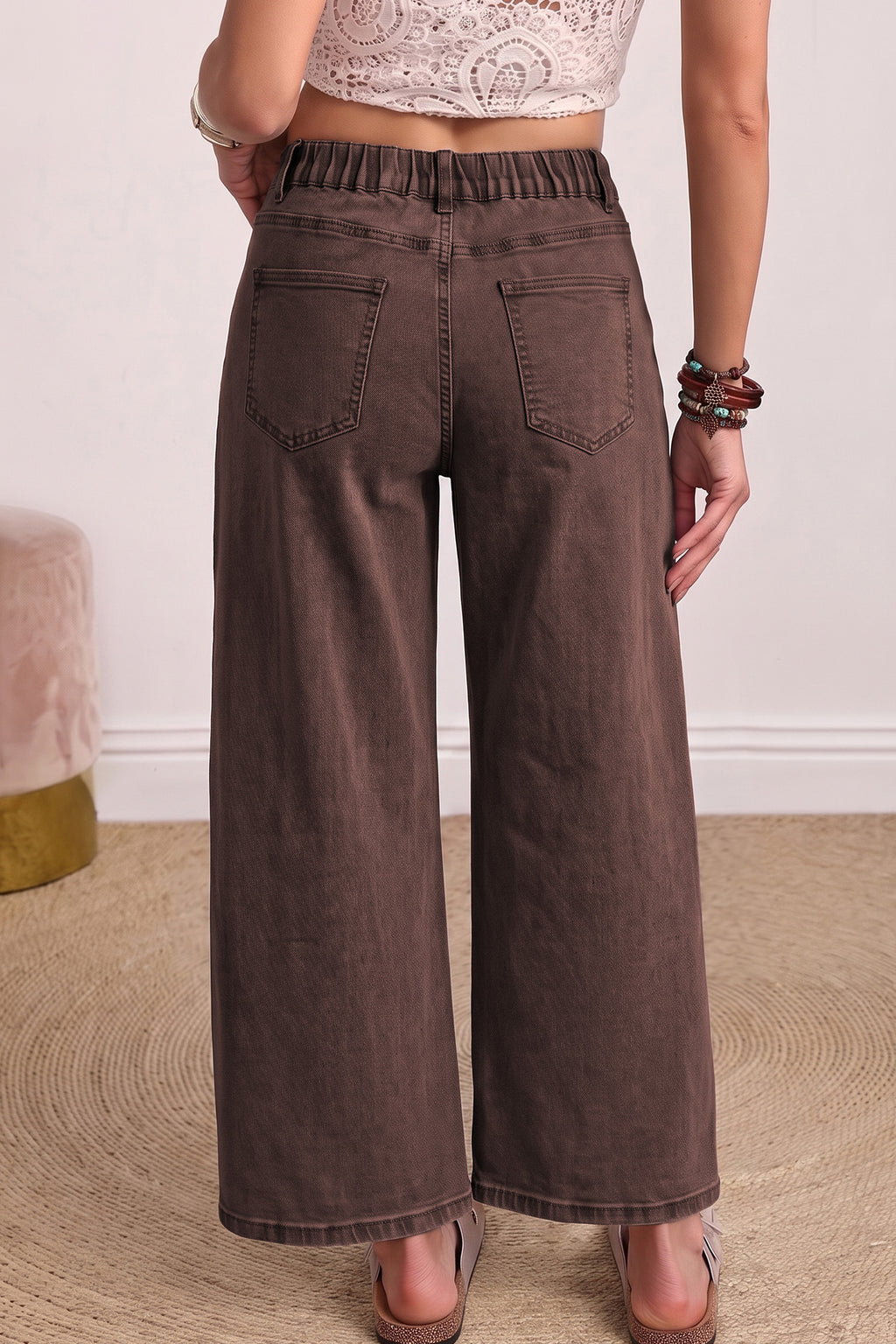 Coffee Solid Color Square Patch Pocket Ankle-length Barrel Jeans