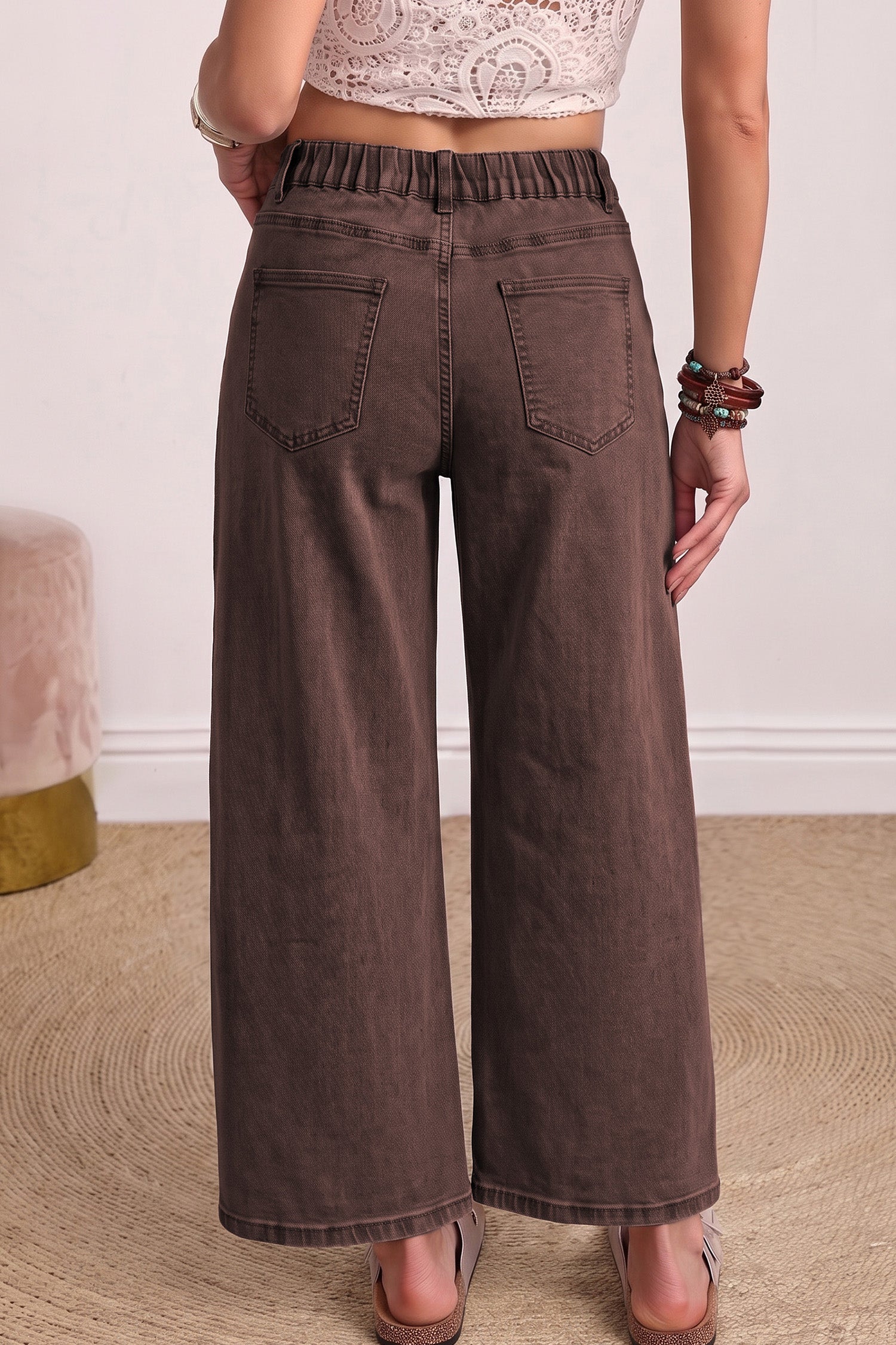 Coffee Solid Color Square Patch Pocket Ankle-length Barrel Jeans