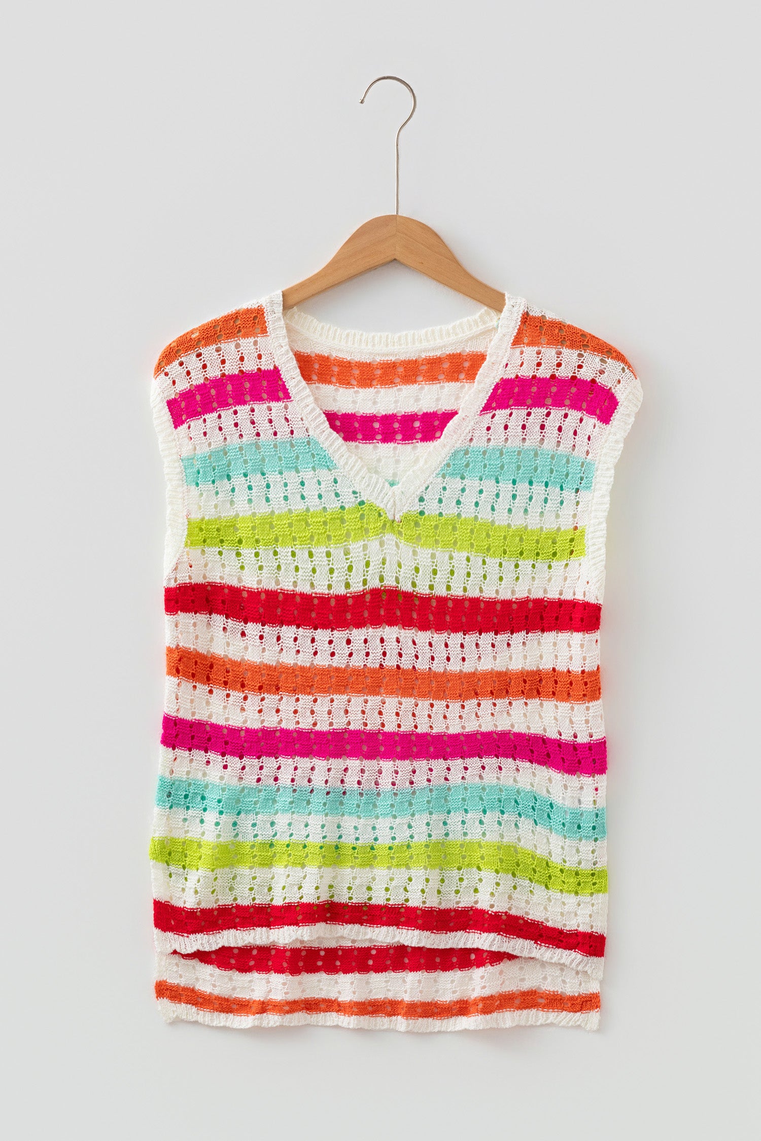 Multicolour Striped Eyelet Knit V Neck Sweater Tee