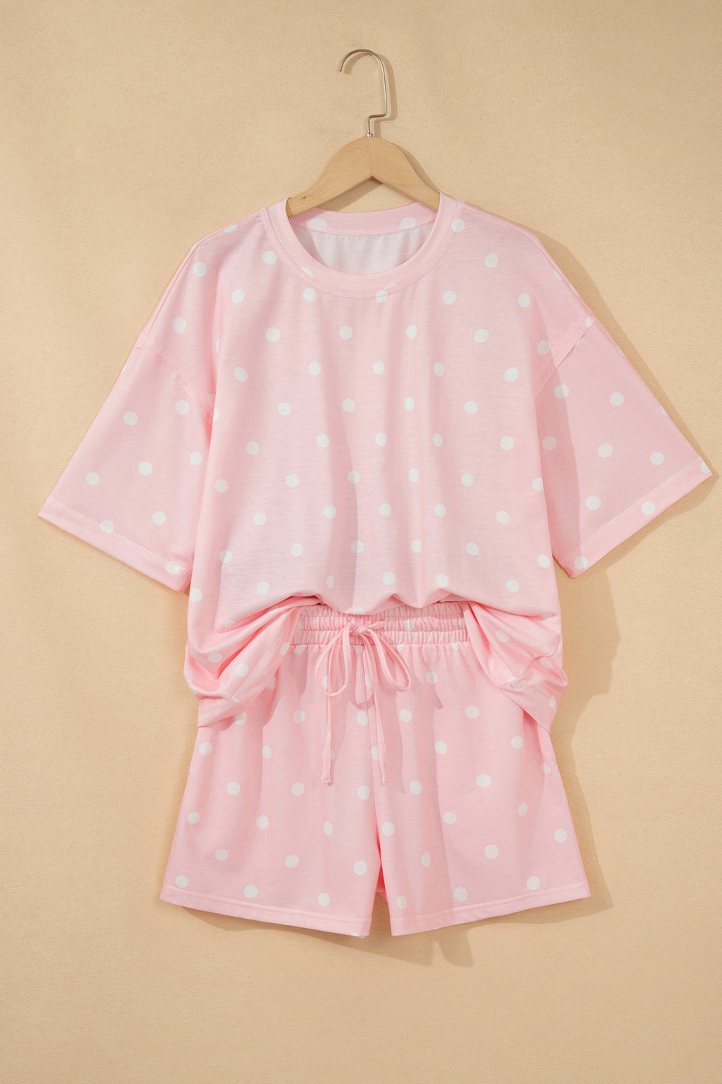 Sky Blue Exposed Seam Detail Polka Dot Loose Tee Drawstring Shorts Set