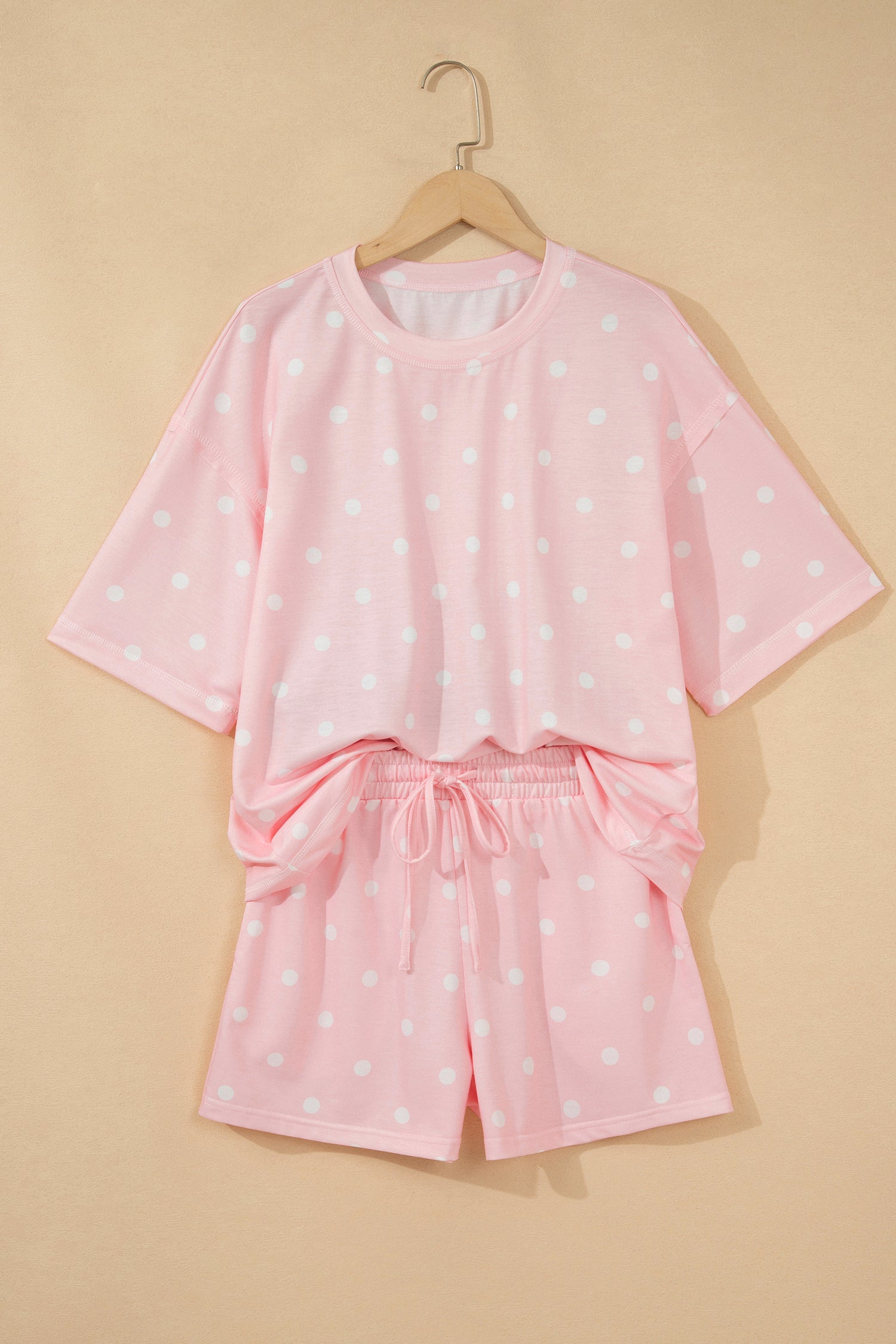 Sky Blue Exposed Seam Detail Polka Dot Loose Tee Drawstring Shorts Set