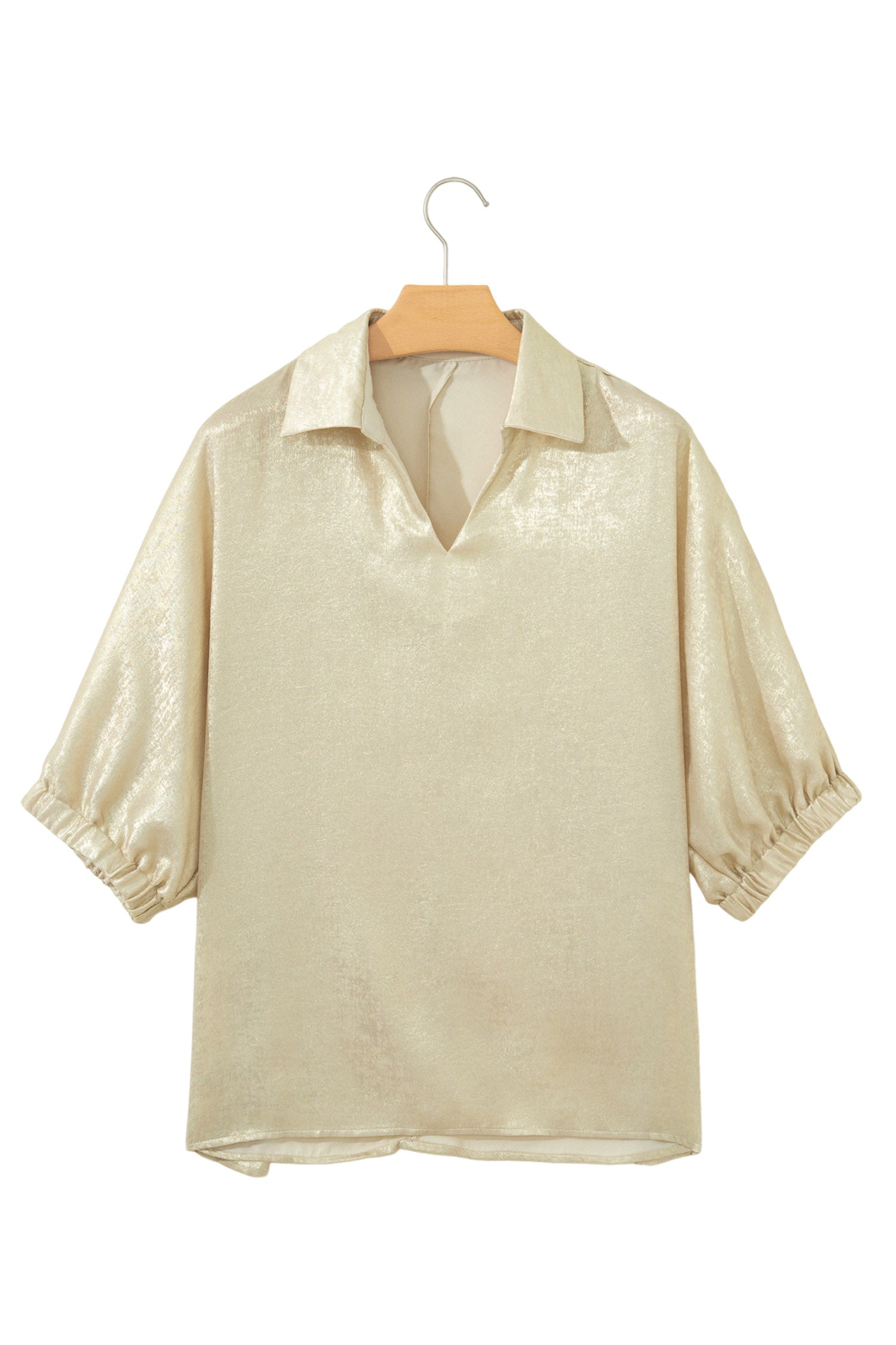 Casual Collared V Neck Half Sleeve Metallic Top