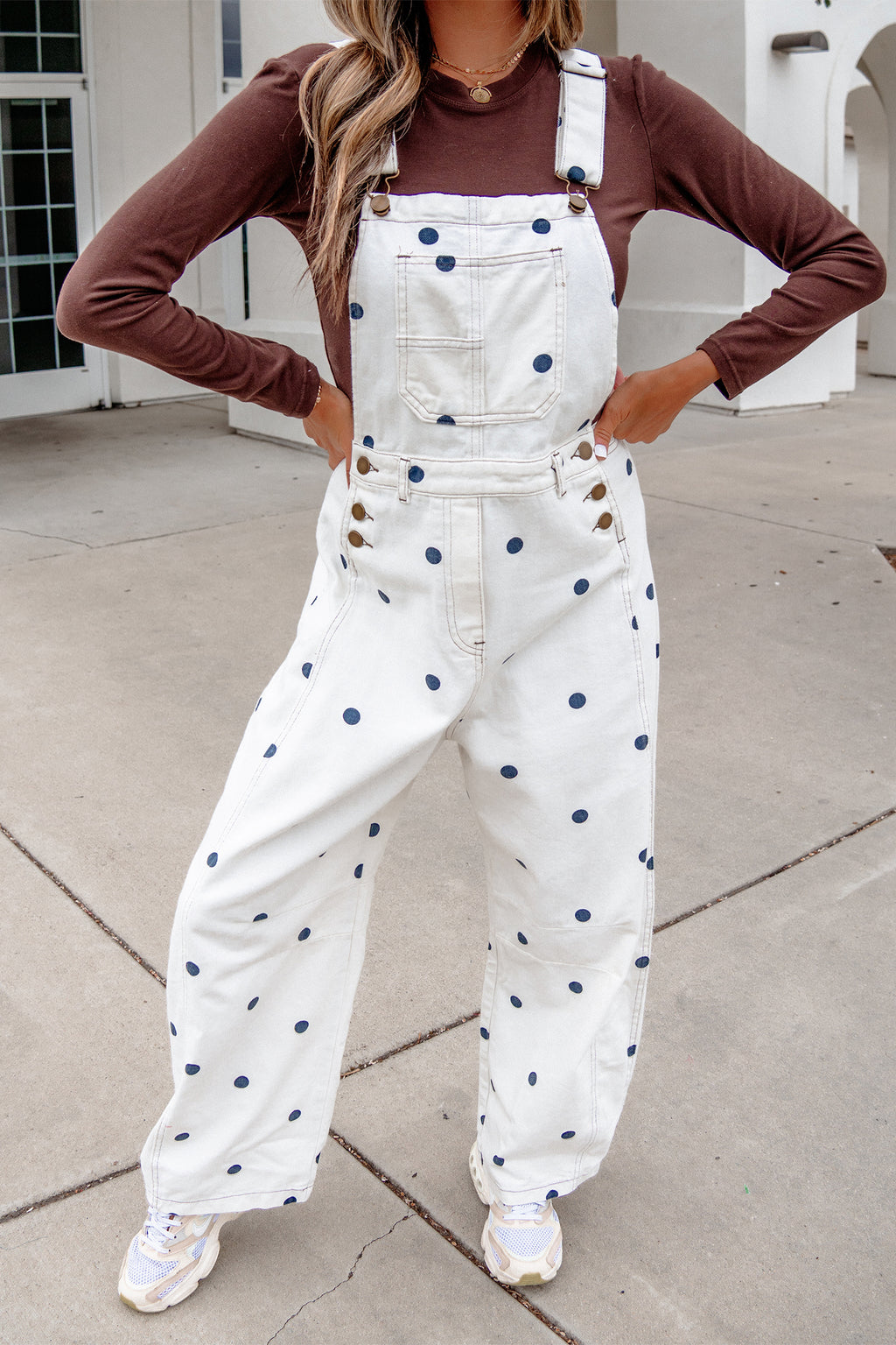 Light French Beige Polka Dot Print Bib Pocket Denim Barrel Overalls Jumpsuit