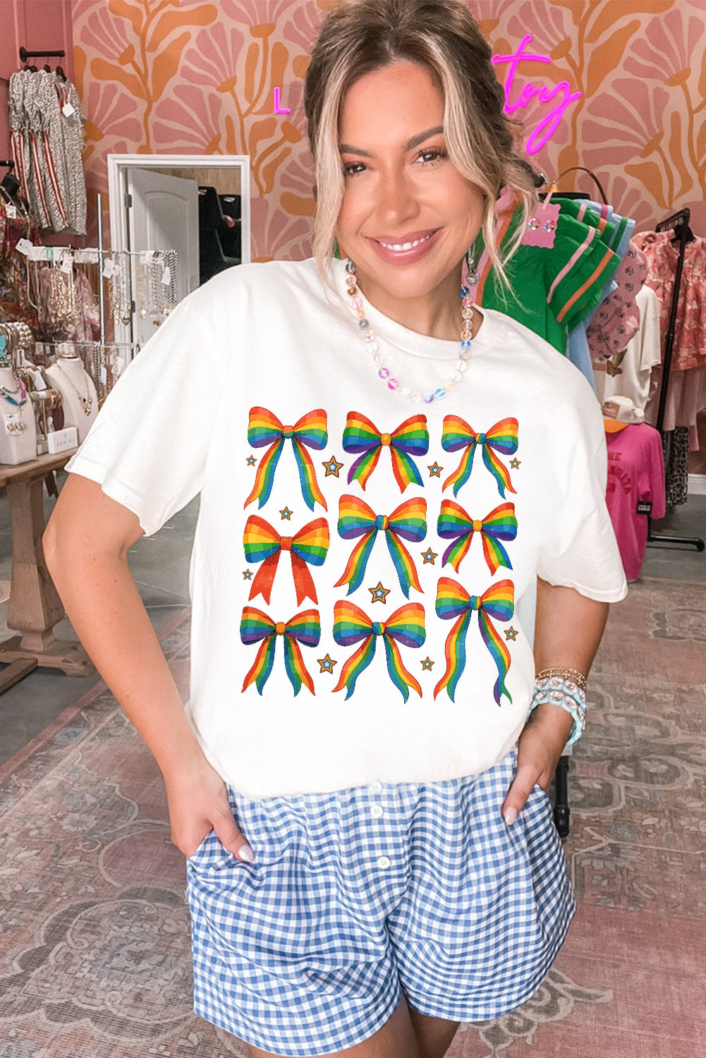 White Pride Bow Starry Print Cotton Blend T Shirt