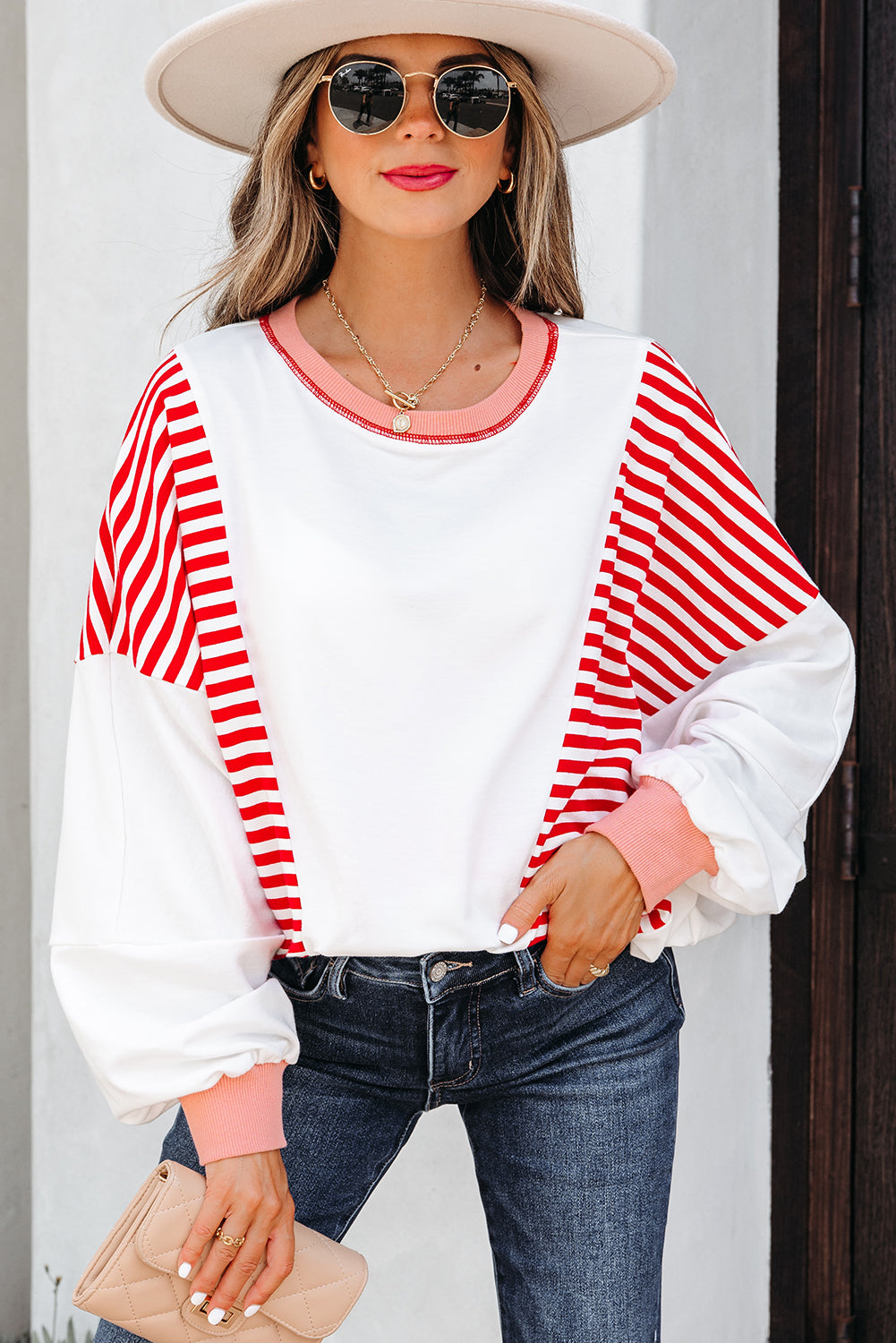 Brown Stripe Colorblock Patchwork Contrast Stitching Oversize Sweatshirt