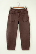 Coffee Solid Color Square Patch Pocket Ankle-length Barrel Jeans