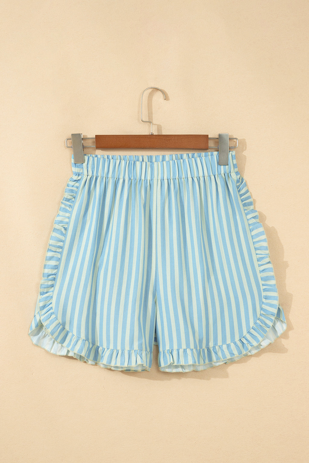 Rose Stripe Elastic Waist Ruffle Trim Casual Shorts