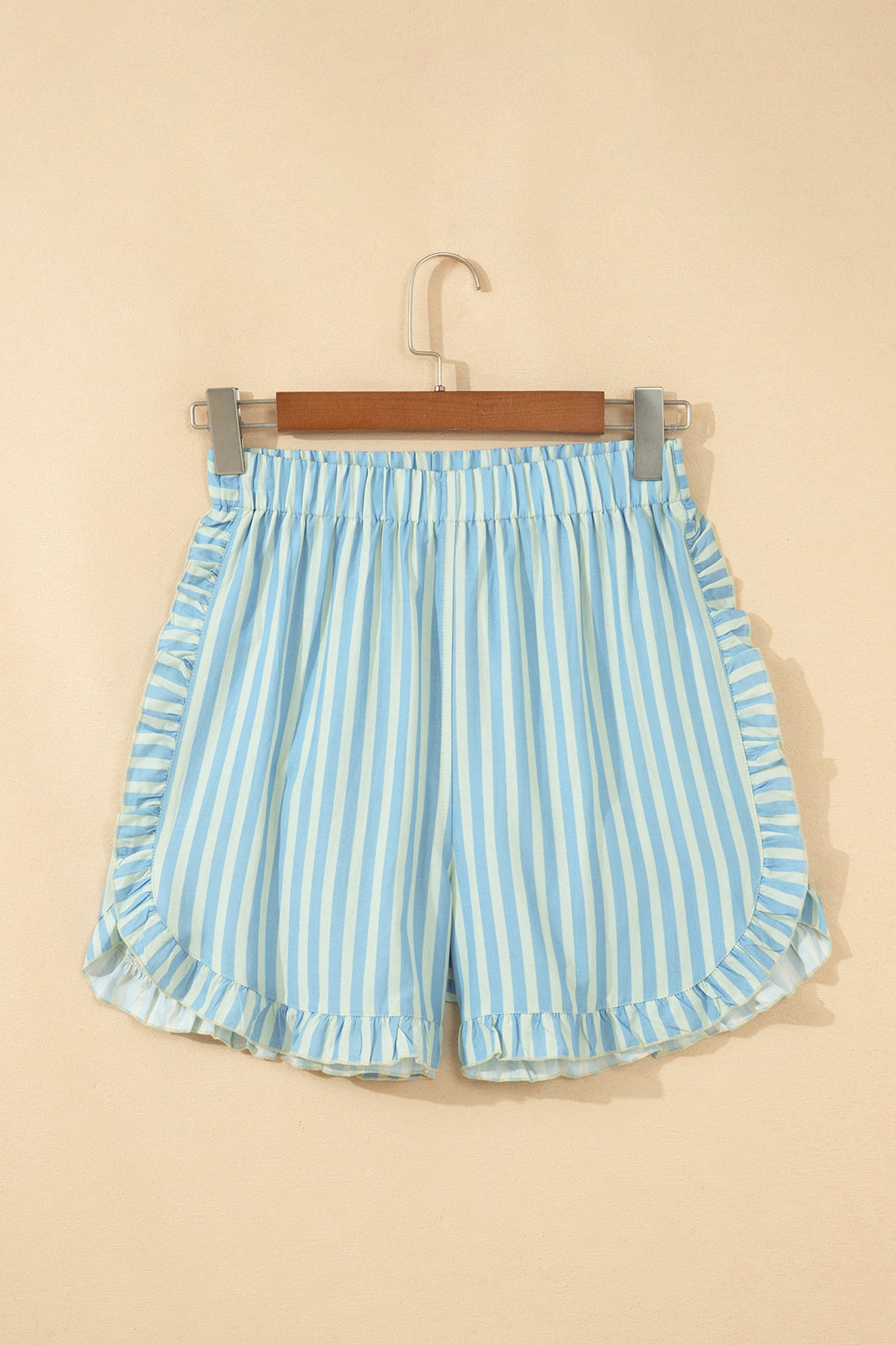 Rose Stripe Elastic Waist Ruffle Trim Casual Shorts