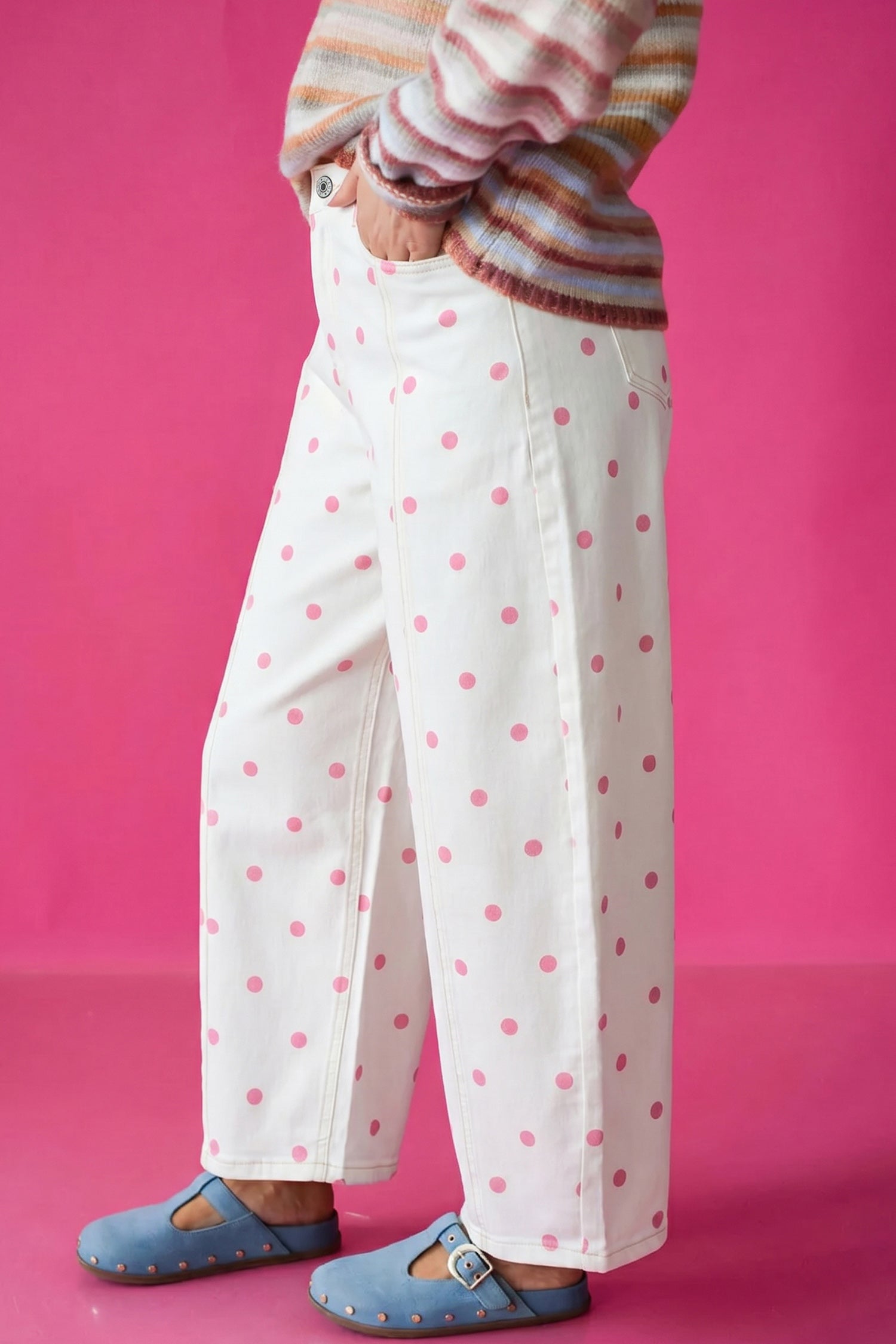 Blue Polka Dot Print Seam Detail Barrel Jeans